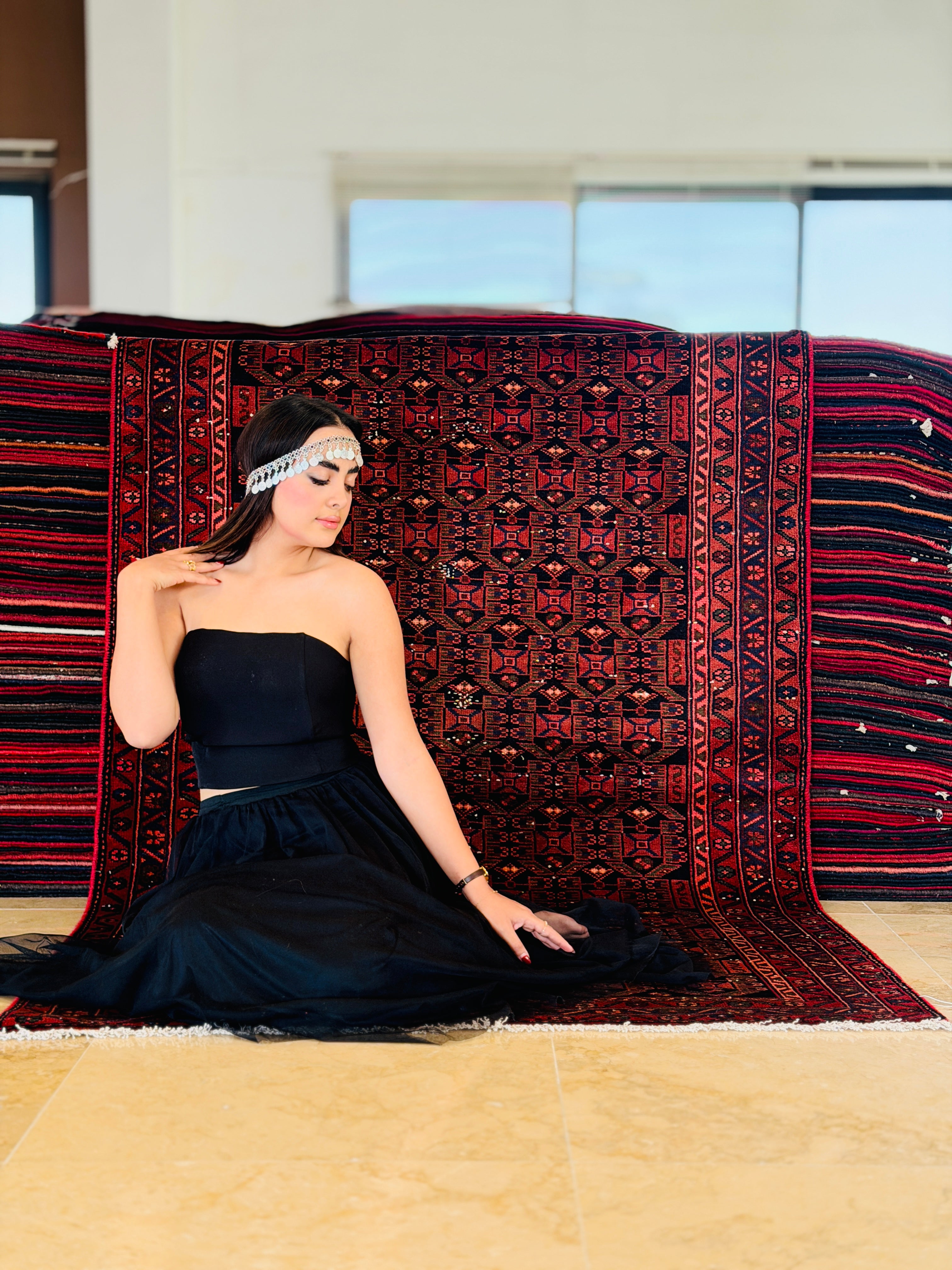 Collectible Vintage Black, Red Allover Geometric Area Rug – 6' 7" x 4' 2" (200 x 127 cm)