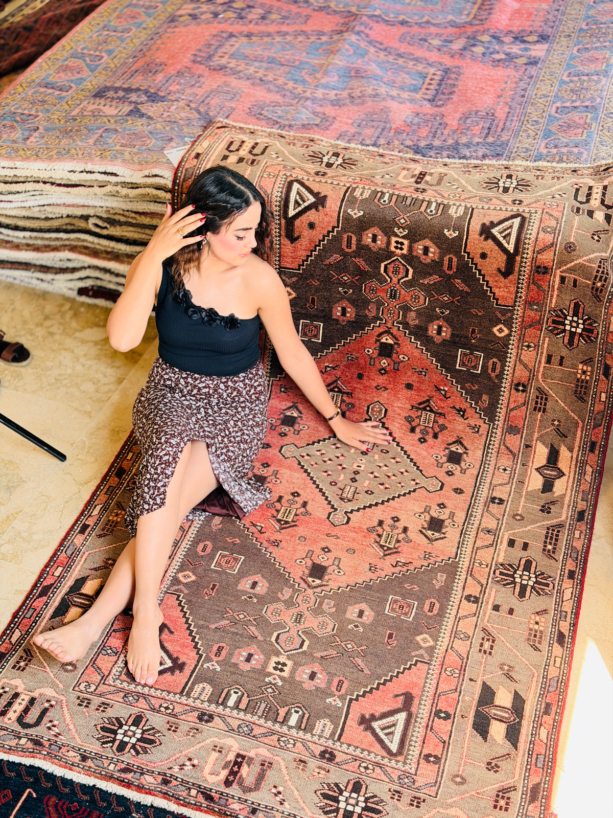 Vintage Brick Red Tribal Diamond Area Rug – 7' 5" x 4' 4" (225 x 132 cm)