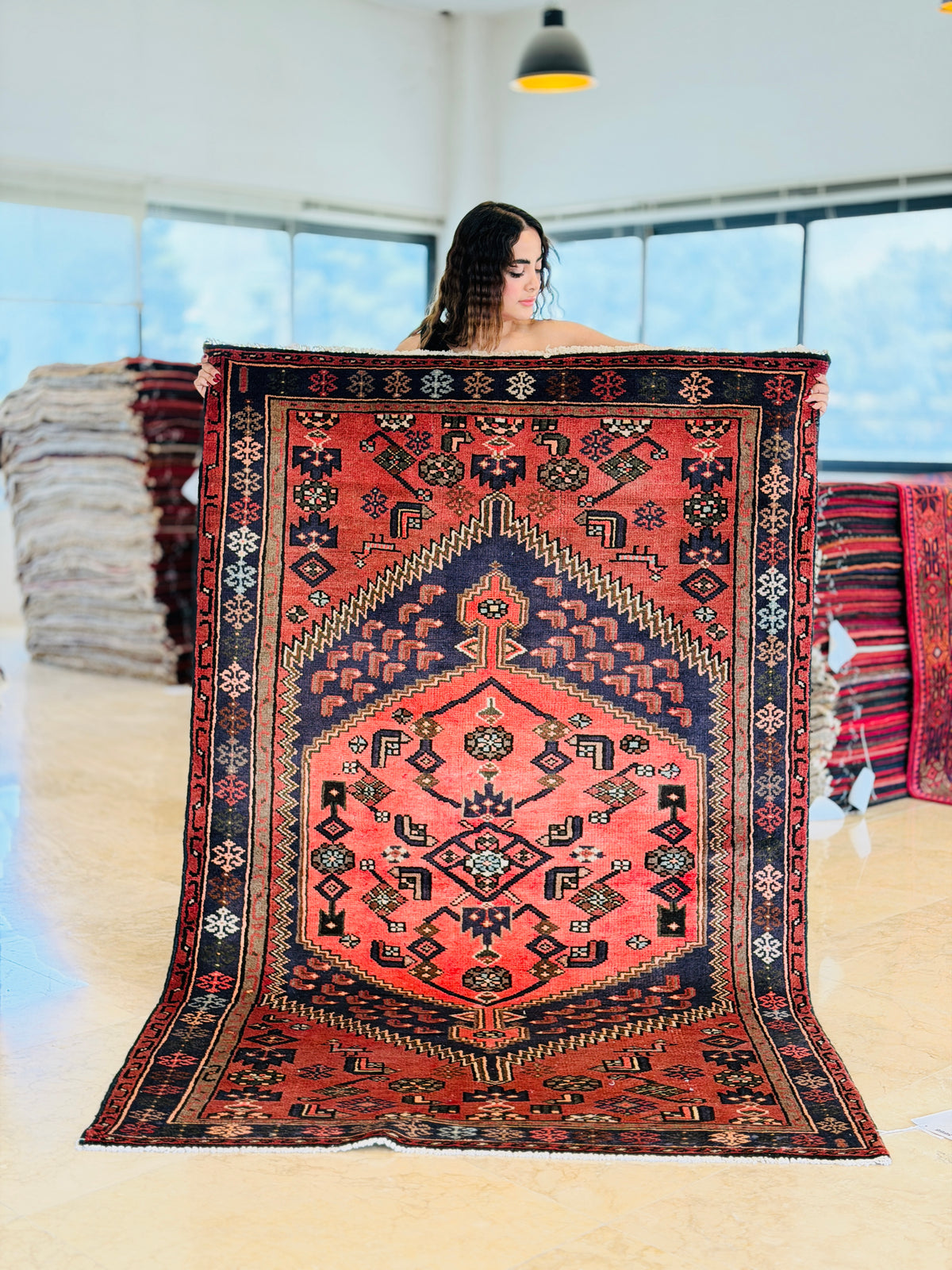 Vintage Brick Red, Coral Geometric Medallion Area Rug – 6' 9" x 4' 3" (207 x 129 cm)