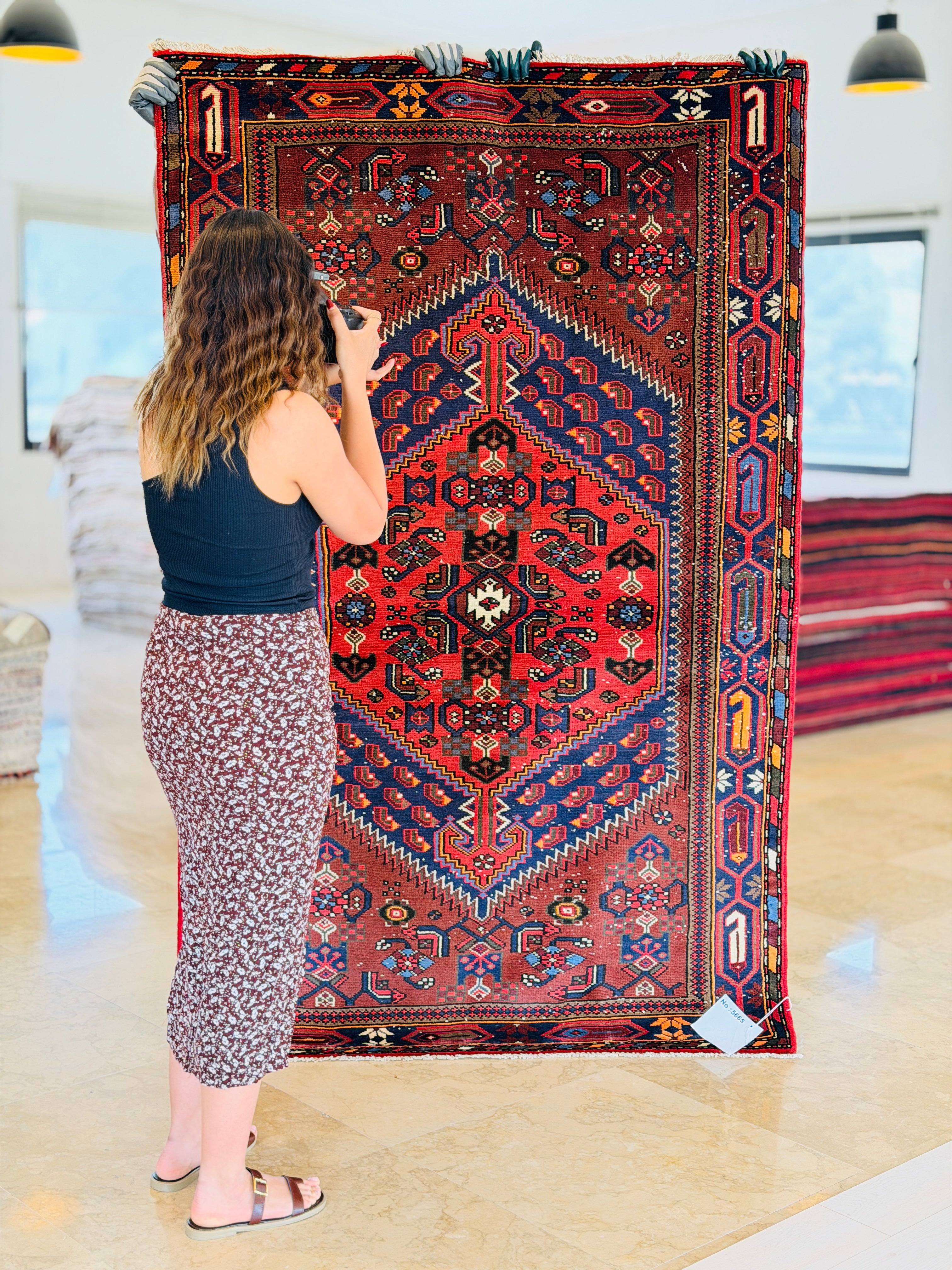 Vintage Brown, Navy Blue Central Medallion Area Rug – 6' 9" x 4' 3" (206 x 130 cm)