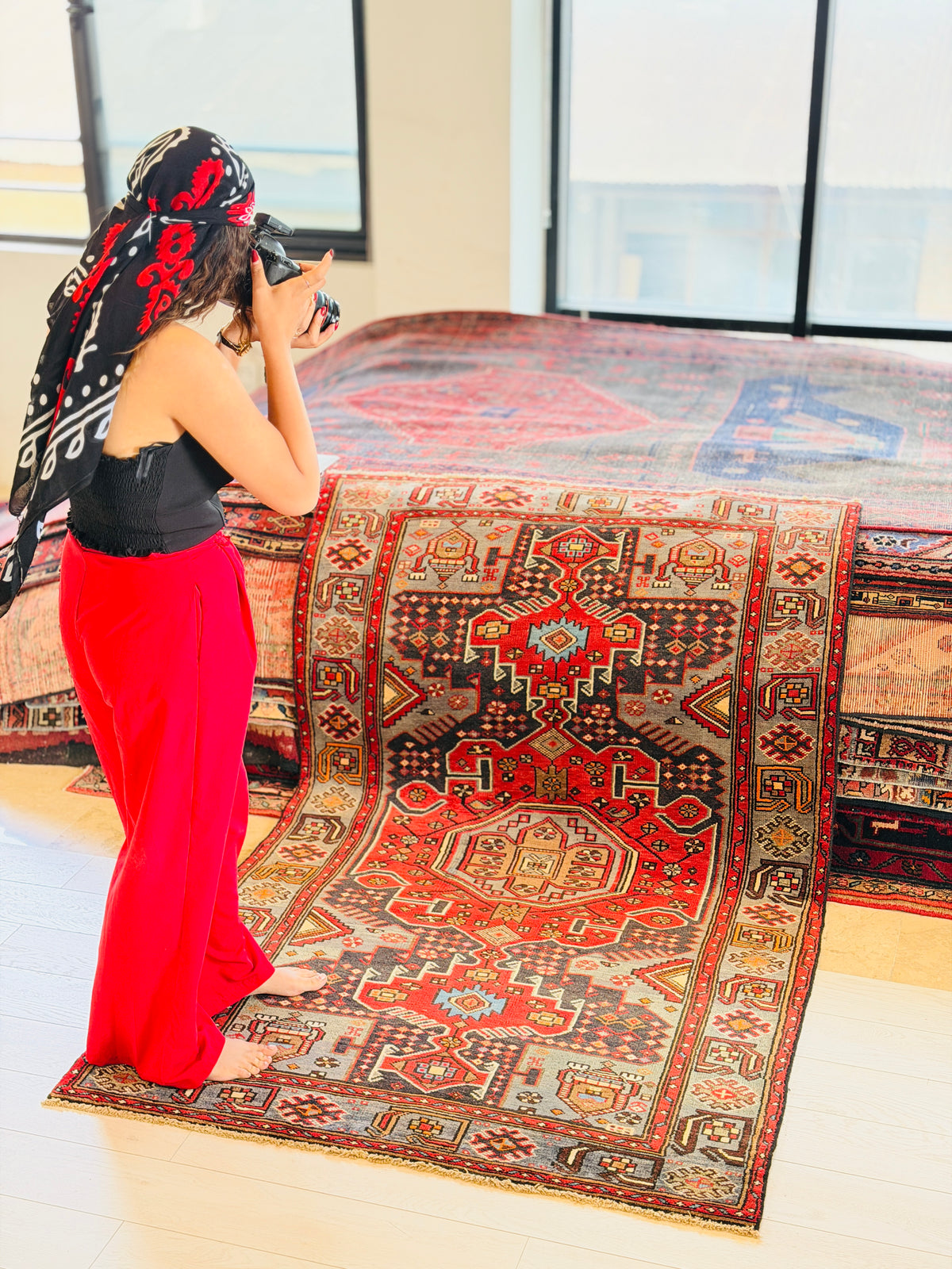 Collectible Vintage Red, Deep Navy Blue Geometric Medallion Area Rug – 6' 7" x 4' 0" (201 x 122 cm)