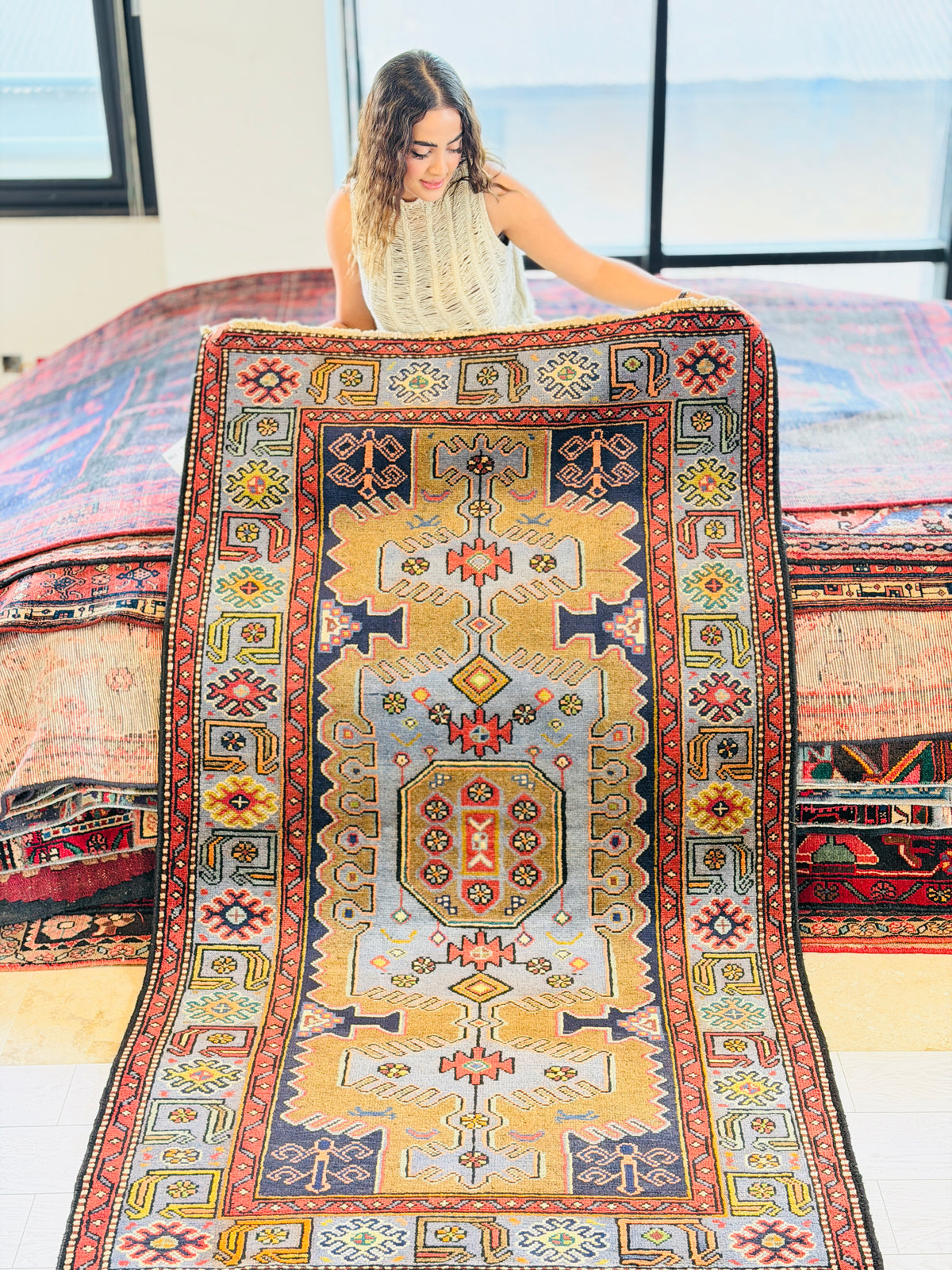 Collectible Vintage Brown, Turquoise Blue Geometric Medallion Area Rug – 6' 6" x 3' 8" (198 x 113 cm)