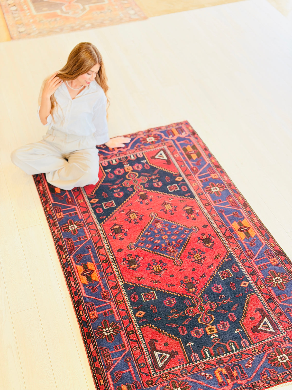 Vintage Red, blue Geometric Area Rug – 7' 1" x 4' 4" (217 x 131 cm)