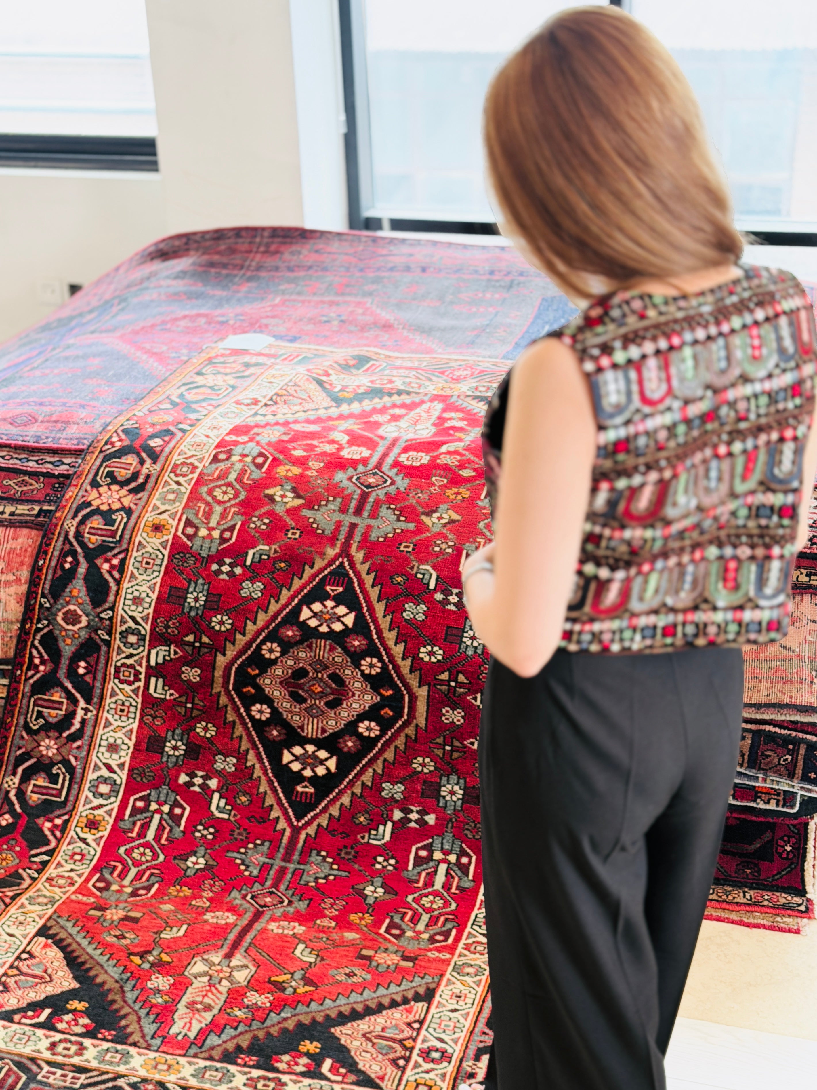 Collectible Vintage Red Geometric Area Rug – 7' 4" x 4' 6" (224 x 136 cm)