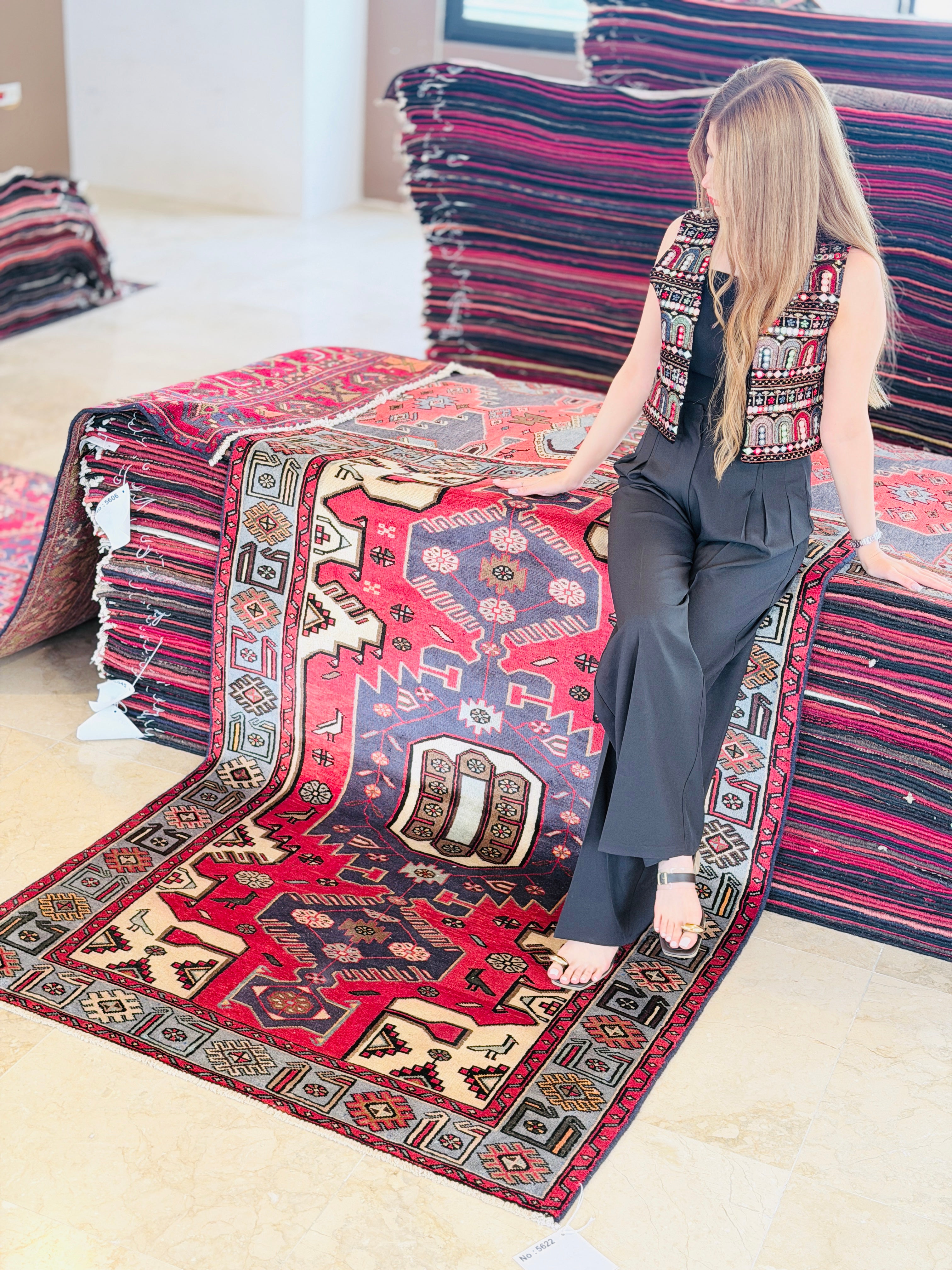 Collectible Vintage Red, turquoise blue Geometric Area Rug – 6' 4" x 4' 1" (194 x 125 cm)
