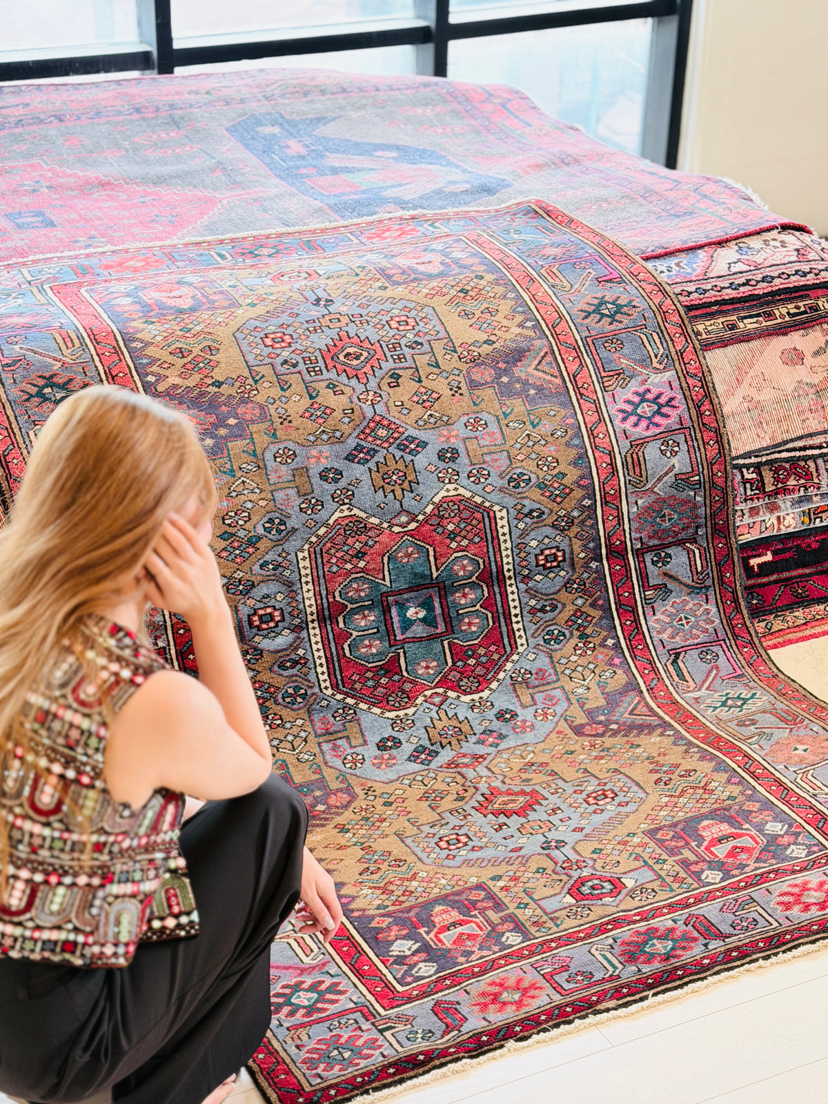 Collectible Vintage Brown, turquoise blue Geometric Hand-Knotted Area Rug – 6' 7" x 4' 7" (201 x 140 cm)