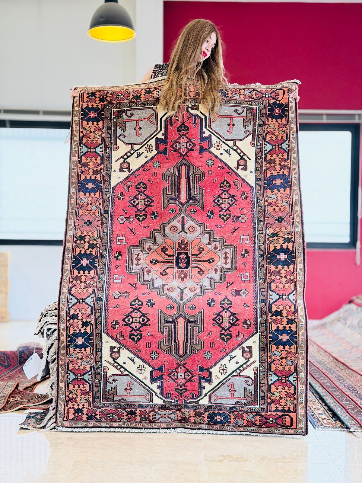 Vintage Red, orange Geometric Hand-Knotted Area Rug – 6' 5" x 4' 4" (195 x 133 cm)