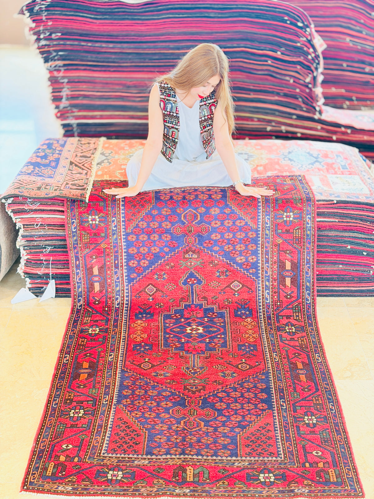 Vintage Red, navy blue Geometric Hand-Knotted Area Rug – 7' 2" x 4' 4" (218 x 132 cm)