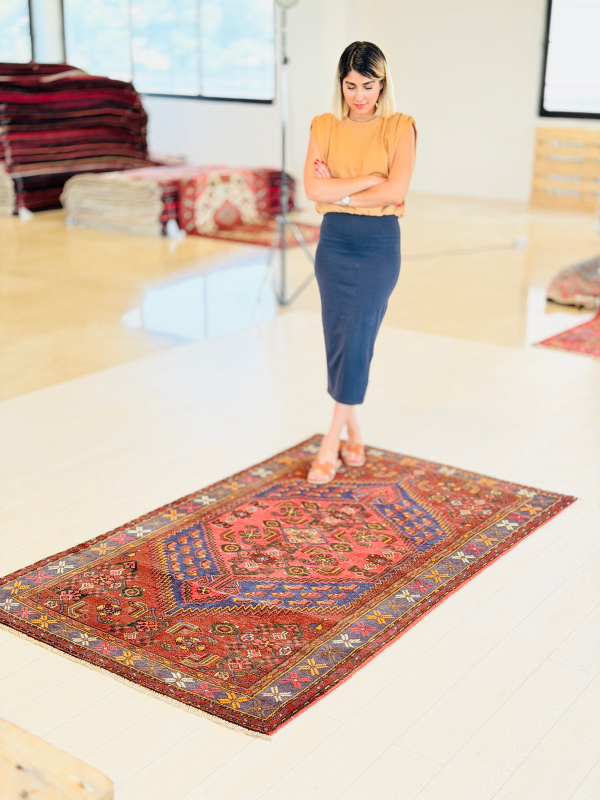 Vintage Rust Red, Navy Blue, Coral Geometric Medallion Hand-Knotted Area Rug – 6' 4" x 3' 11" (193 x 120 cm)