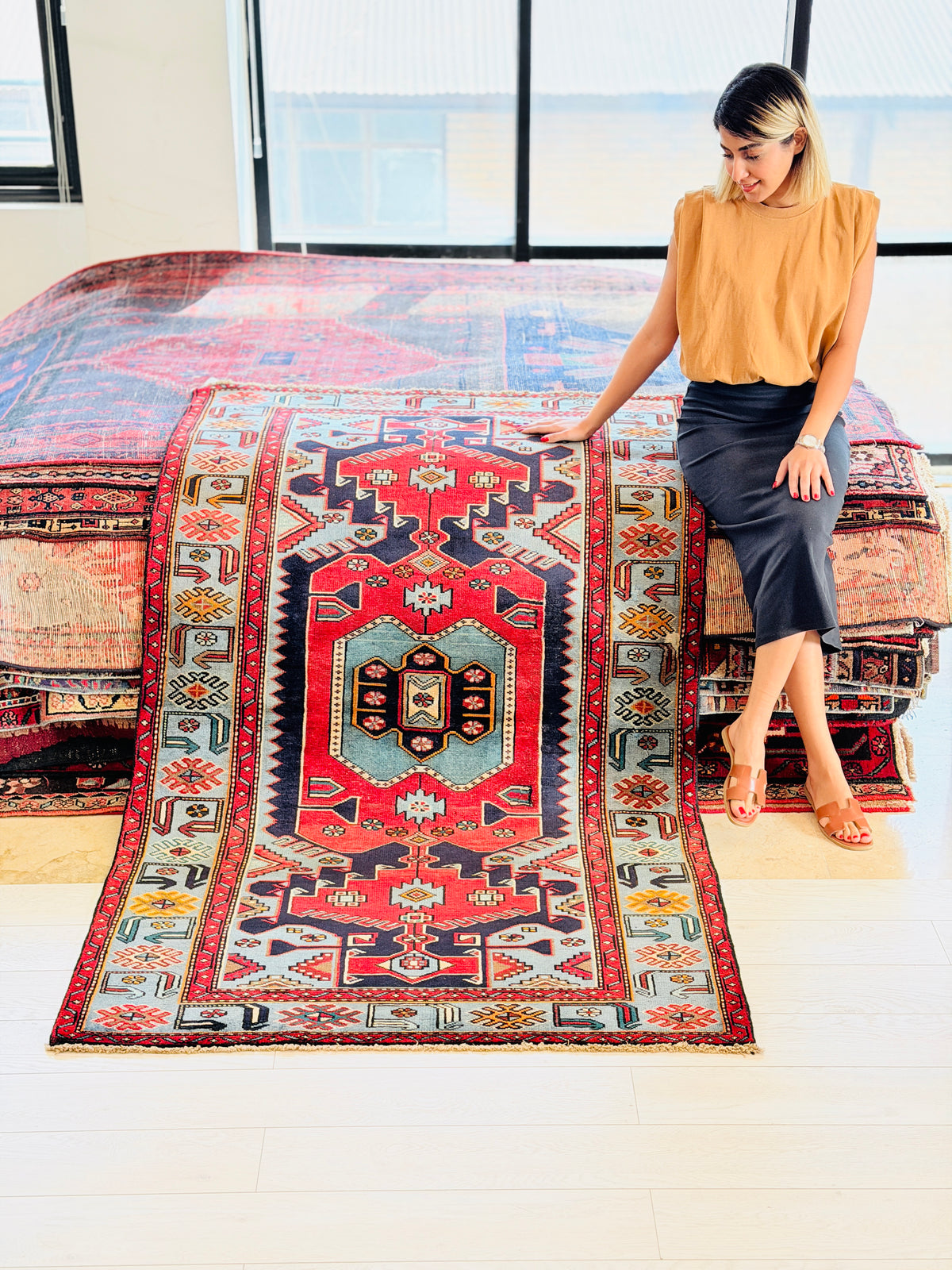 Rare Vintage Navy Blue, Red, Turquoise Geometric Medallion Hand-Knotted Area Rug – 6' 7" x 3' 11" (200 x 120 cm)