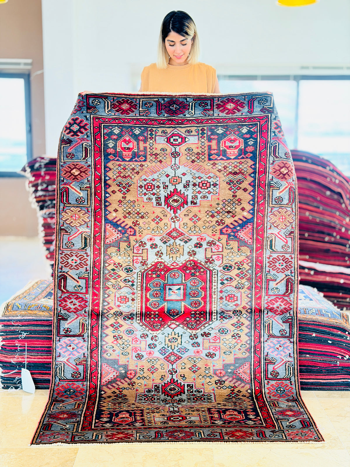 Rare Vintage Brown, Turquoise Blue Allover Geometric Hand-Knotted Area Rug – 7' 2" x 4' 6" (219 x 136 cm)