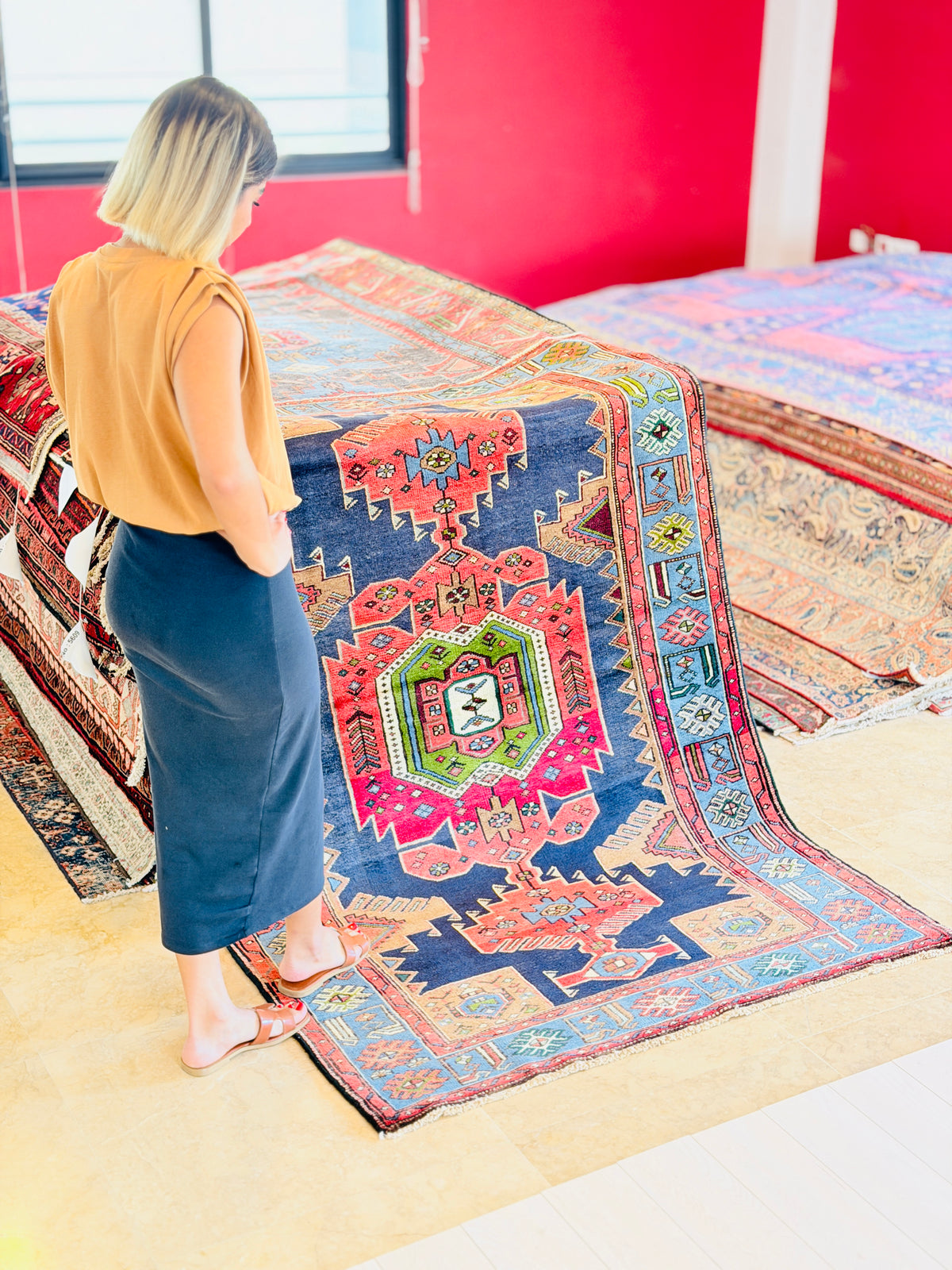 Rare Vintage Red, Navy Blue, Light Blue, Green and Brown Pictorial Geometric Hand-Knotted Area Rug – 6' 8" x 4' 3" (203 x 130 cm)