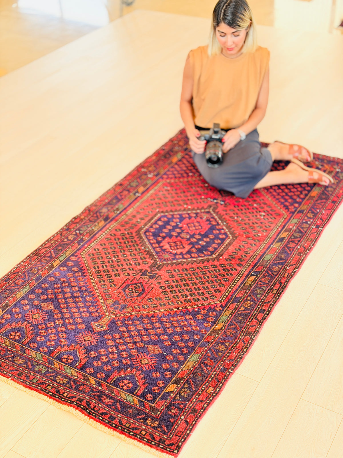 Vintage Rust Red, Navy Blue Allover Diamond Geometric Hand-Knotted Area Rug – 6' 9" x 3' 8" (207 x 111 cm)