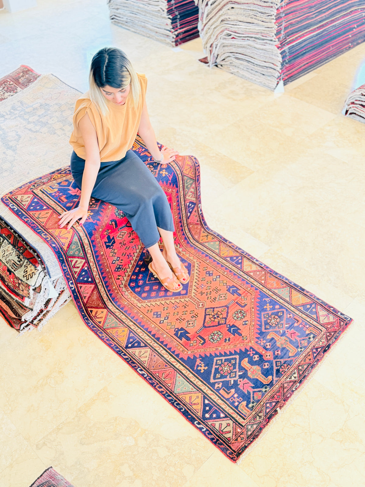 Vintage Coral Red, Navy Blue Medallion Geometric Area Rug – 6' 11" x 3' 7" (212 x 109 cm)