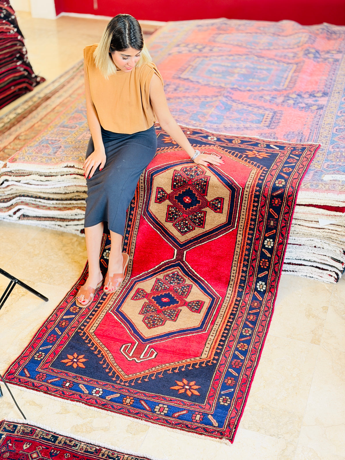 Vintage Red, Brown, Navy Blue Medallion Geometric Hand-Knotted Area Rug – 6' 9" x 3' 7" (206 x 108 cm)