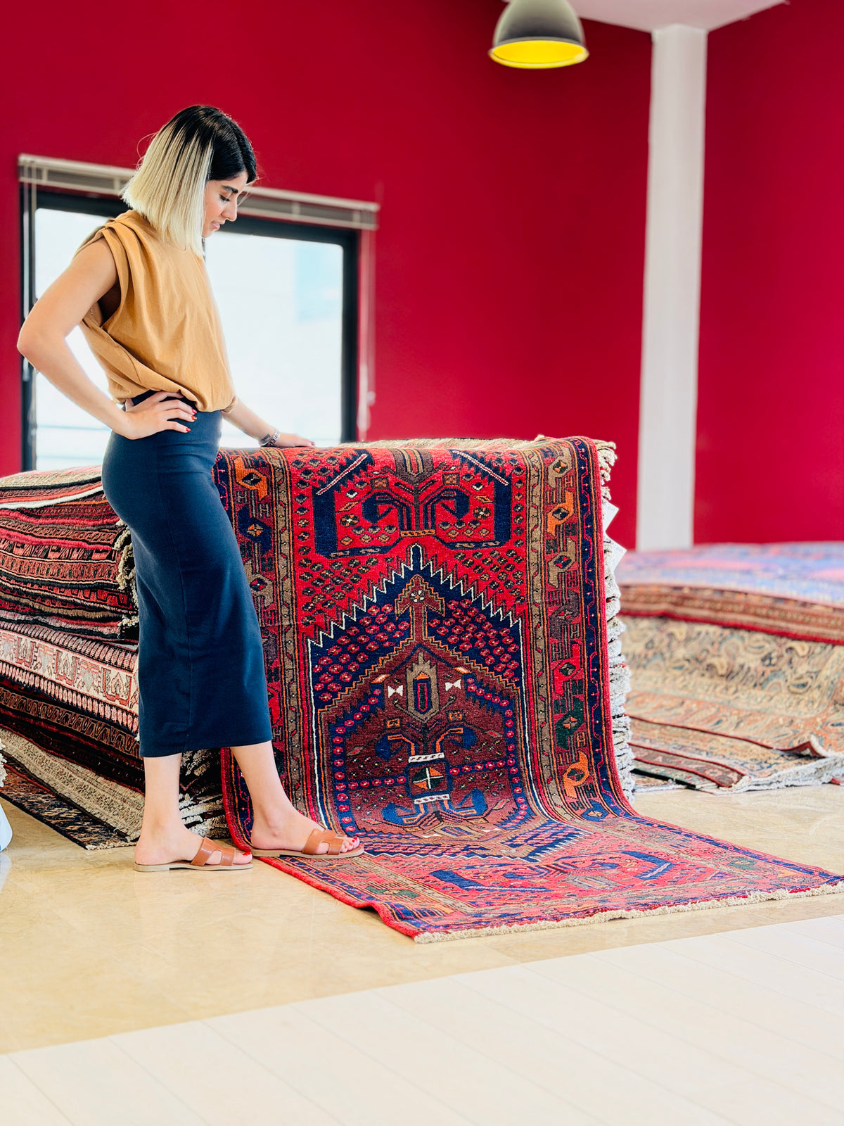 Vintage Red, Navy Blue Medallion Geometric Hand-Knotted Area Rug – 6' 8" x 3' 7" (204 x 109 cm)