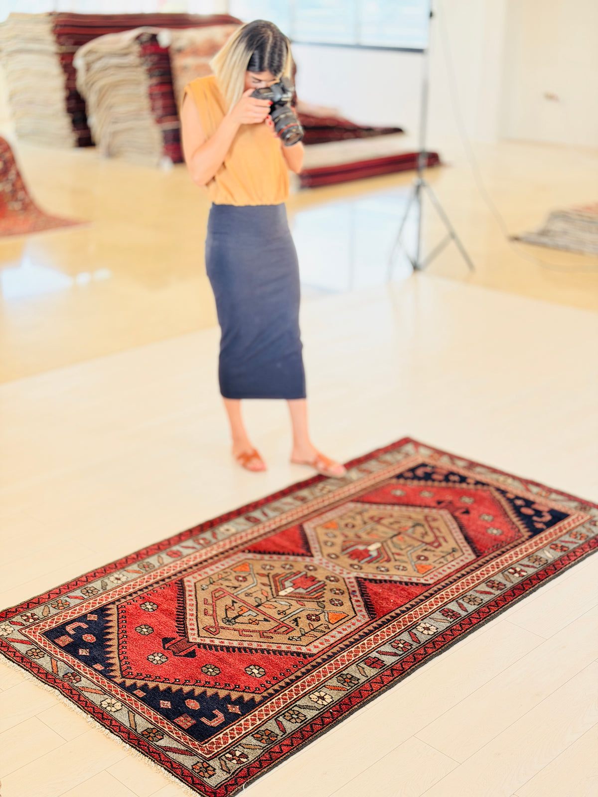 Vintage Red, Brown, Light Blue Medallion Geometric Hand-Knotted Area Rug – 6' 6" x 3' 6" (199 x 106 cm)