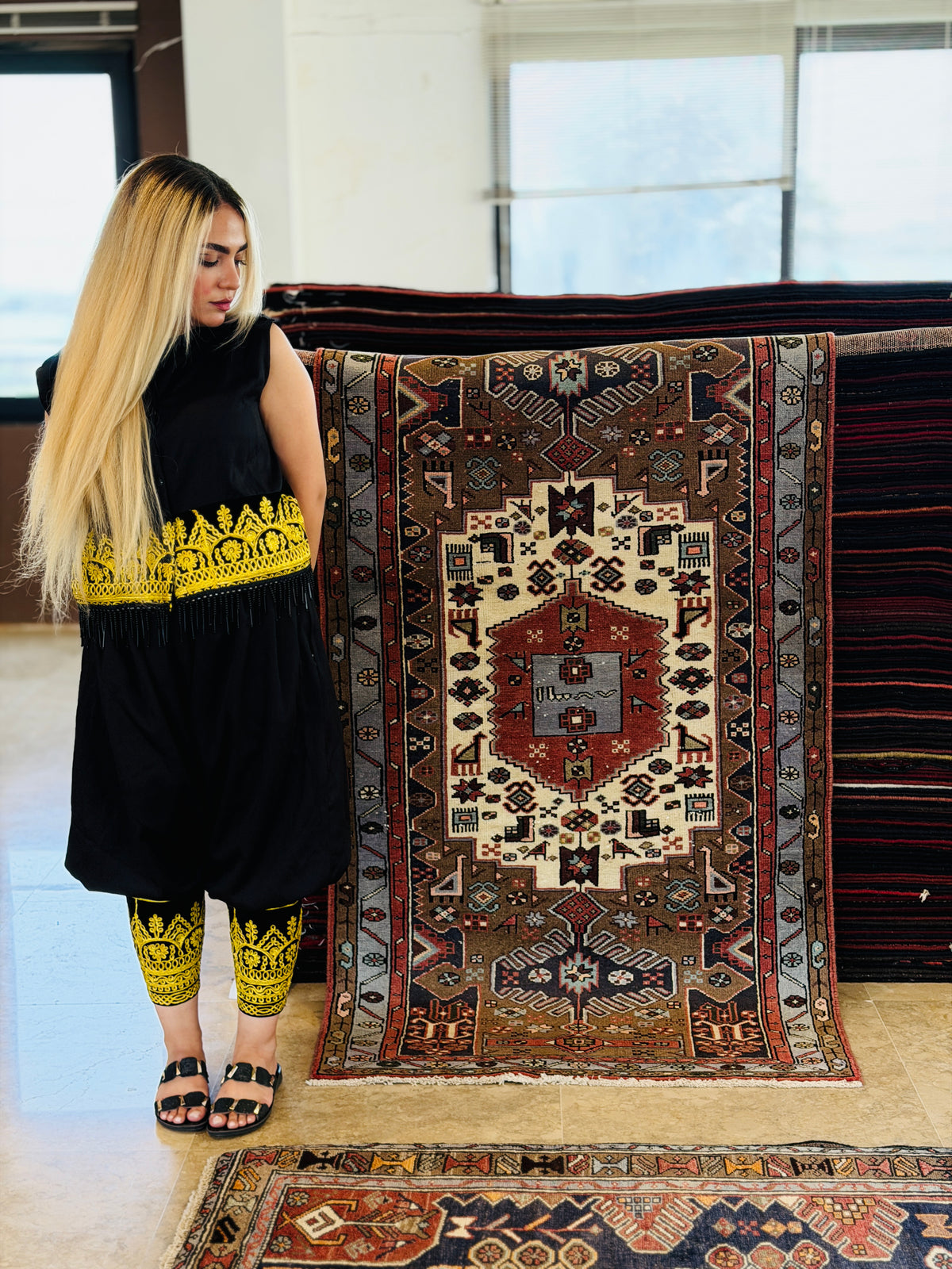 Vintage Brown and Blue Geometric Medallion Hand-Knotted Area Rug – 6' 4" x 3' 3" (194 x 98 cm)