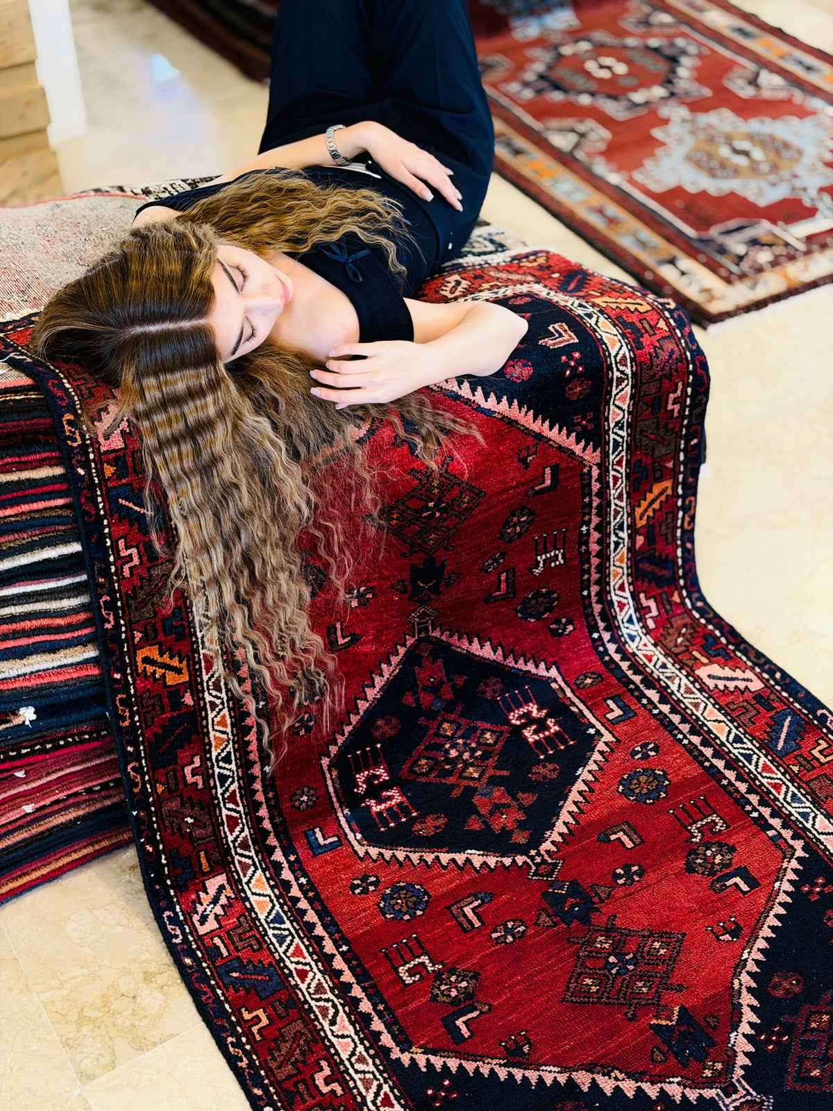 Vintage Red and Deep Navy Blue Central Geometric Medallion Hand-Knotted Area Rug – 6' 1" x 3' 5" (185 x 104 cm)