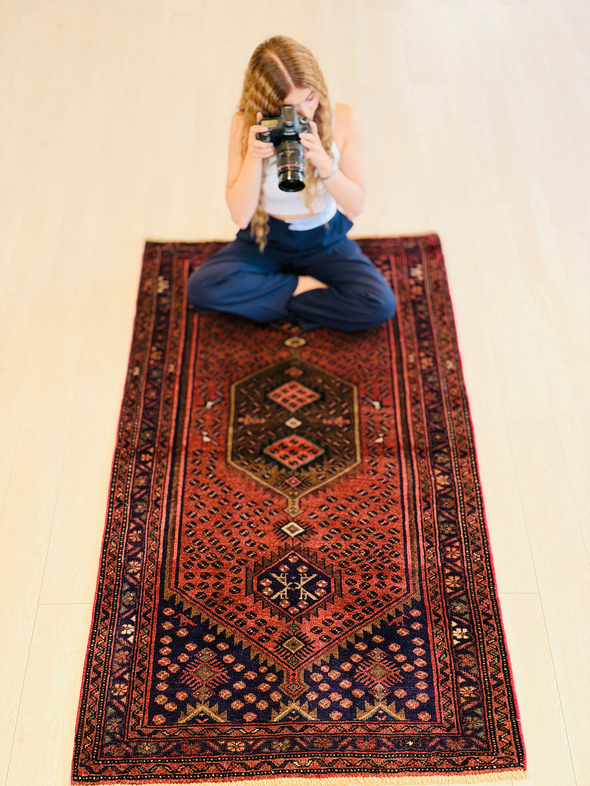 Vintage Rust Red and Navy Blue Allover Small Diamond Field Hand-Knotted Area Rug – 6' 4" x 3' 6" (194 x 106 cm)