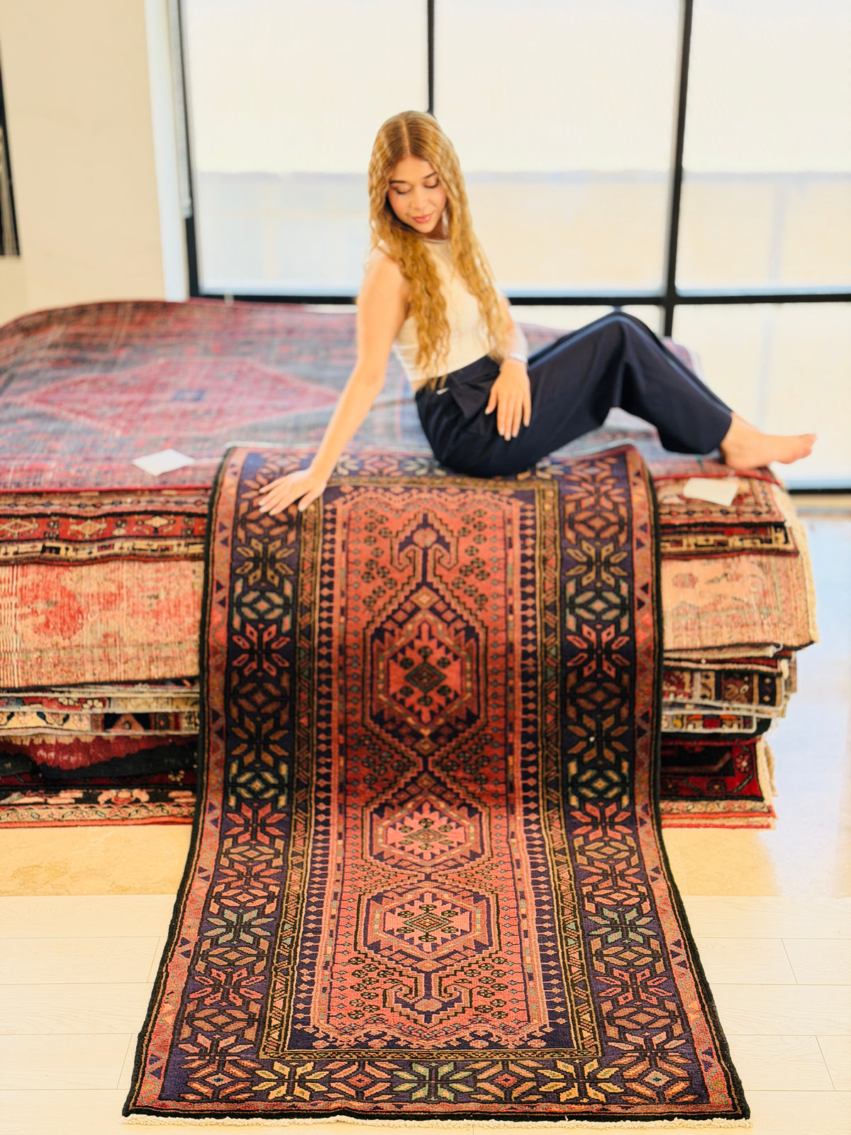 Vintage Rust Red and Navy Blue Triple Diamond Medallion Hand-Knotted Area Rug – 6' 7" x 3' 5" (200 x 103 cm)