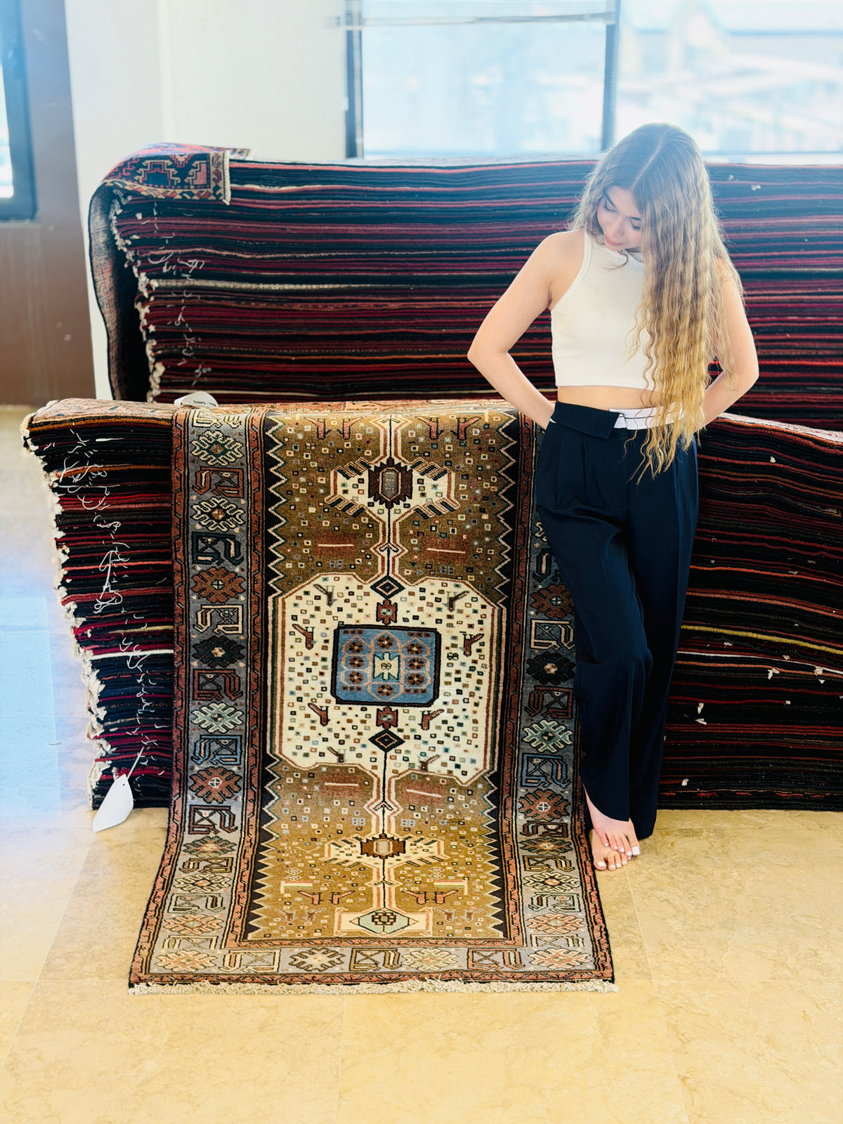 Vintage Brown and Blue Elongated Central Medallion Hand-Knotted Area Rug – 6' 3" x 3' 3" (191 x 98 cm)