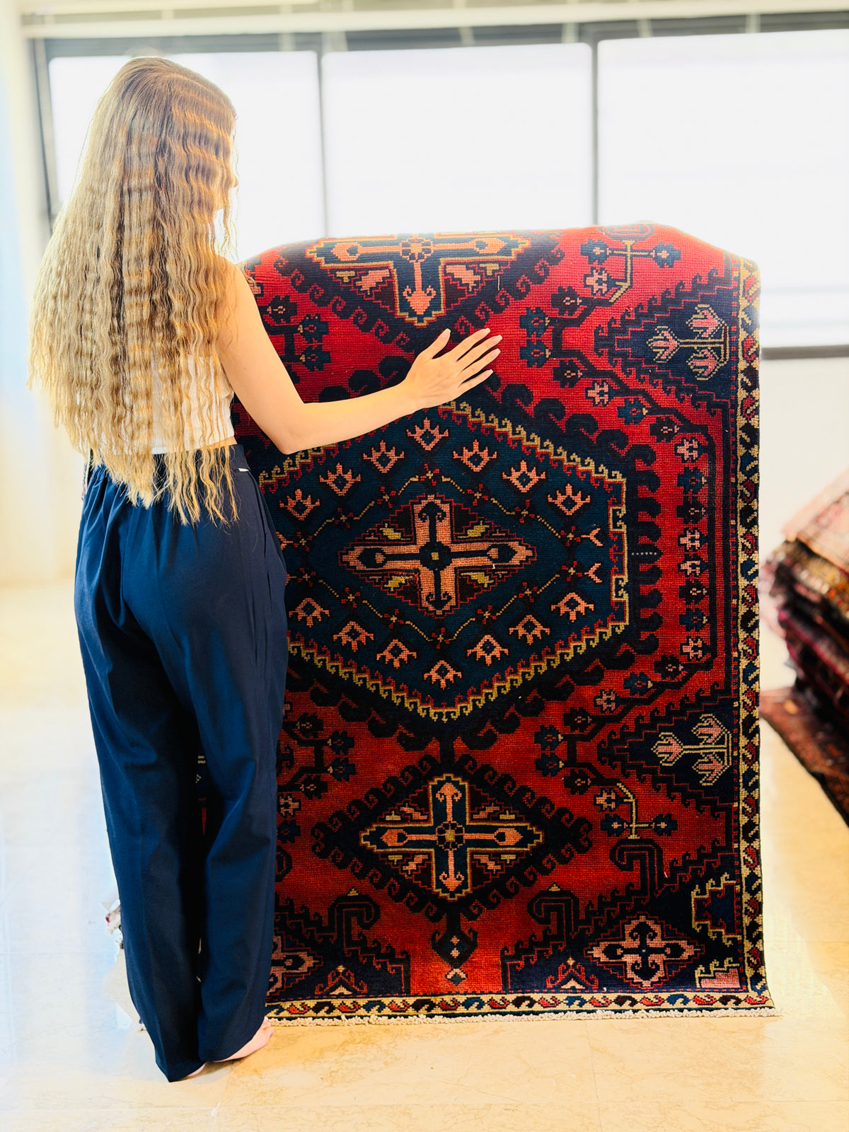 Collectible Vintage Red and Blue Oversized Diamond Medallion Hand-Knotted Area Rug – 5' 9" x 3' 9" (175 x 114 cm)