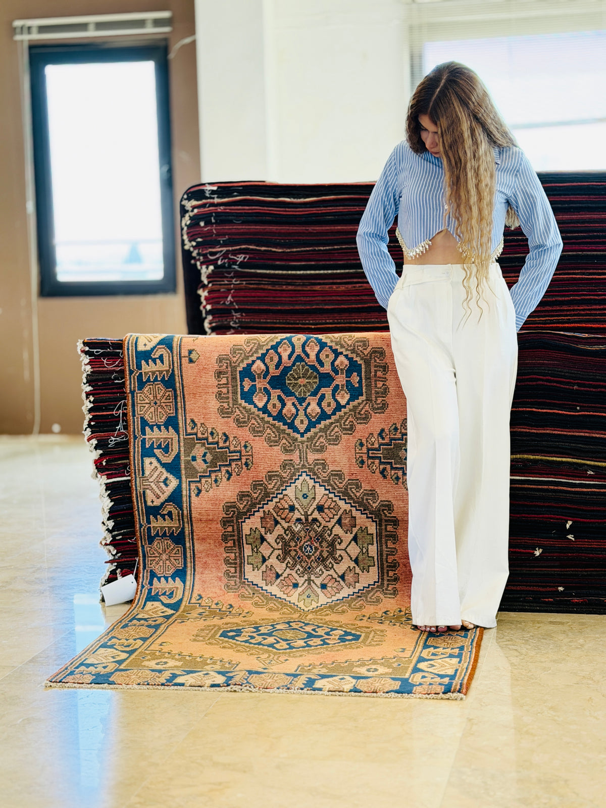 Collectible Vintage Faded Peach and Blue Triple Diamond Medallion Hand-Knotted Area Rug – 6' 6" x 3' 7" (199 x 108 cm)