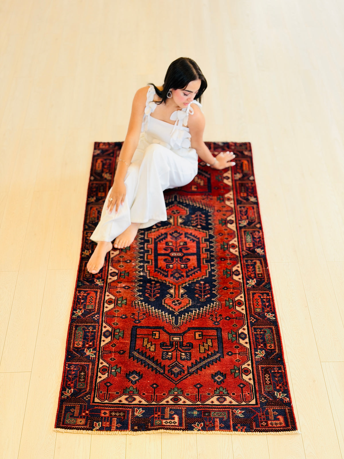 Vintage Rust Red and Navy Blue Geometric Hand-Knotted Area Rug – 6' 5" x 3' 3" (195 x 99 cm)