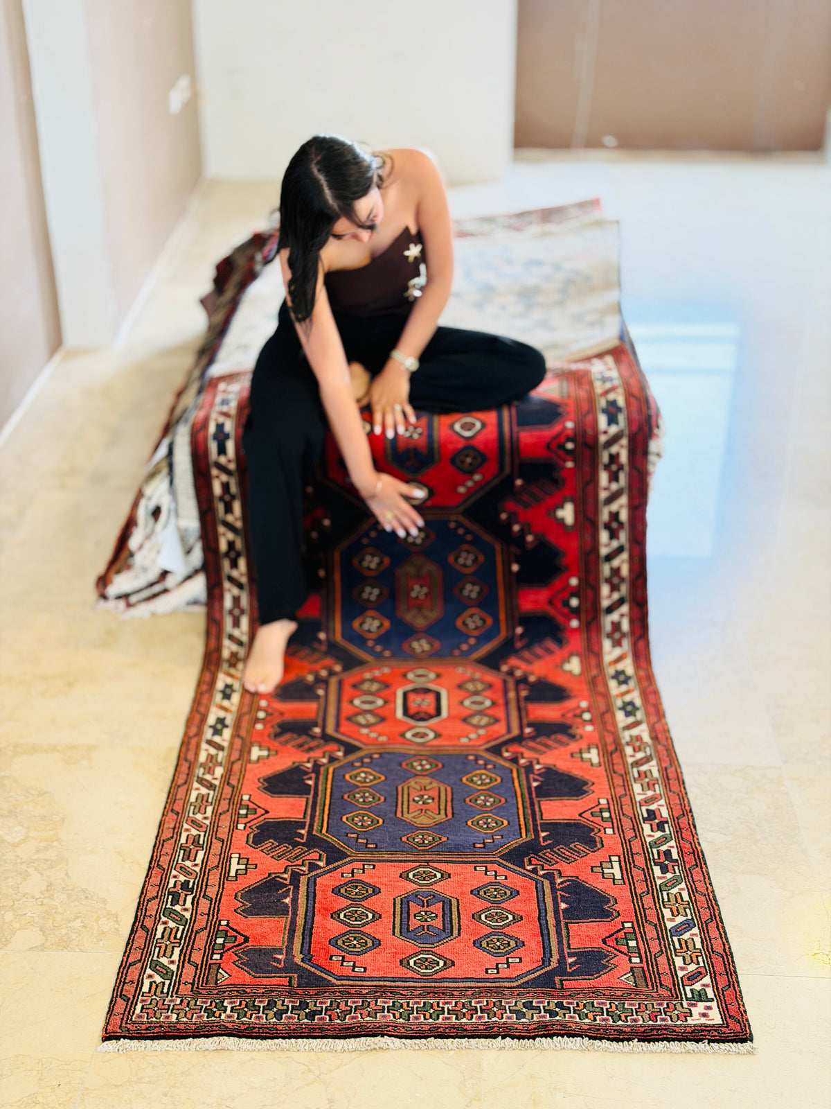 Vintage Red Large Geometric Medallion Hand-Knotted Area Rug – 6' 7" x 3' 4" (201 x 101 cm)