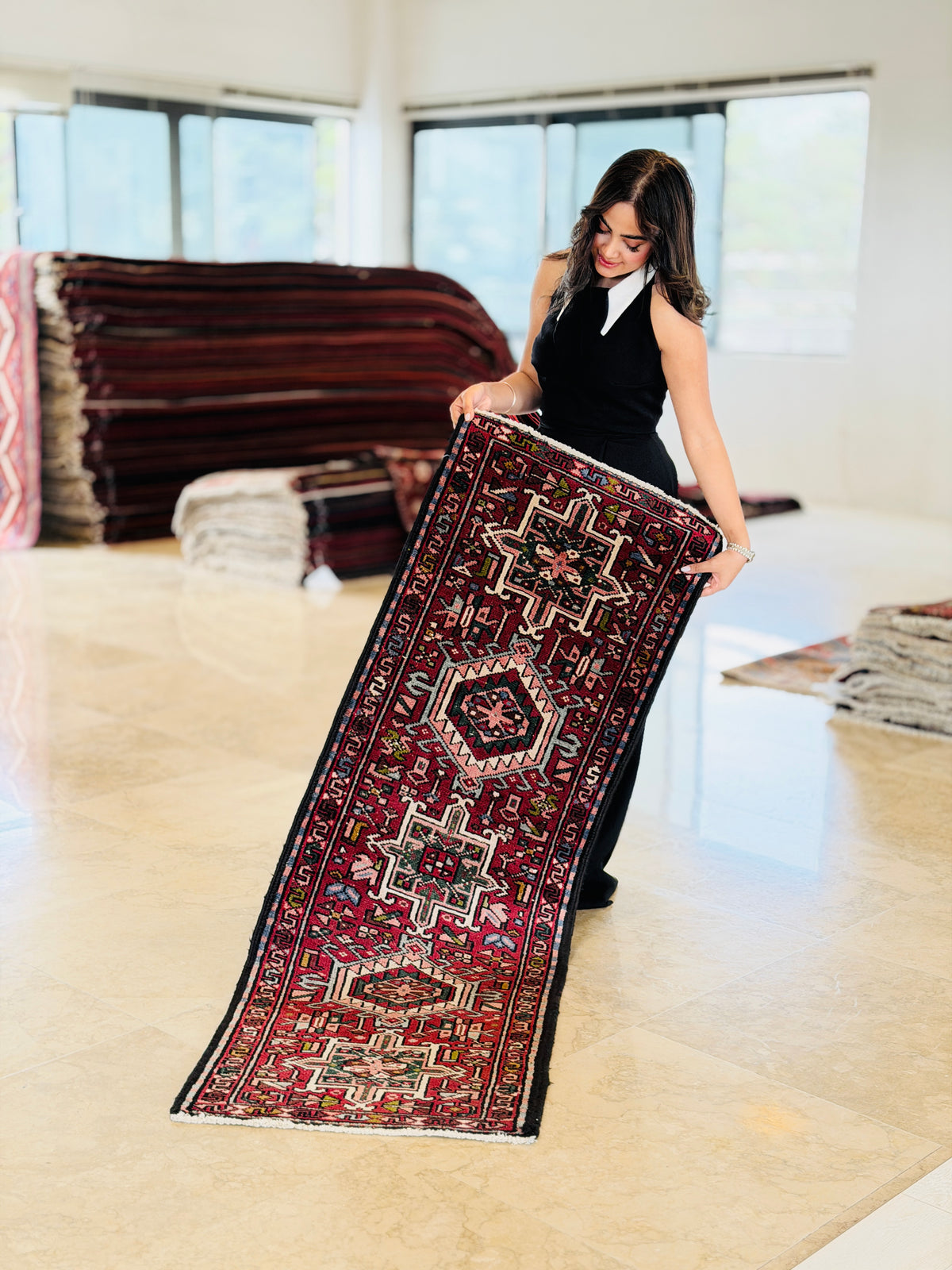 Vintage Red Geometric Runner Rug – 5' 6" x 2' 0" (168 x 60 cm)