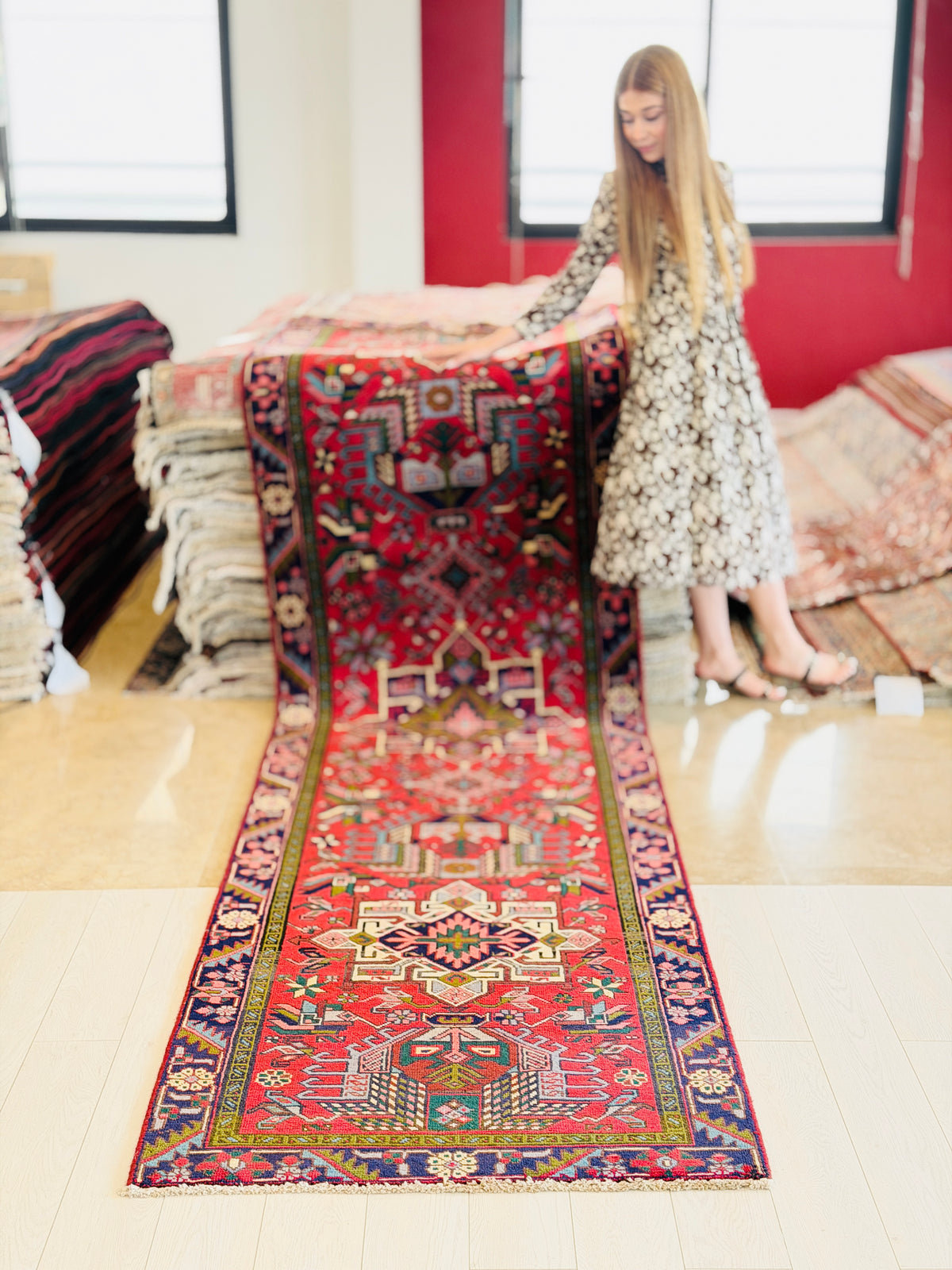 Vintage Geometric Medallion Runner Rug, Red – 12' 4" x 3' 1" (376 x 95 cm)