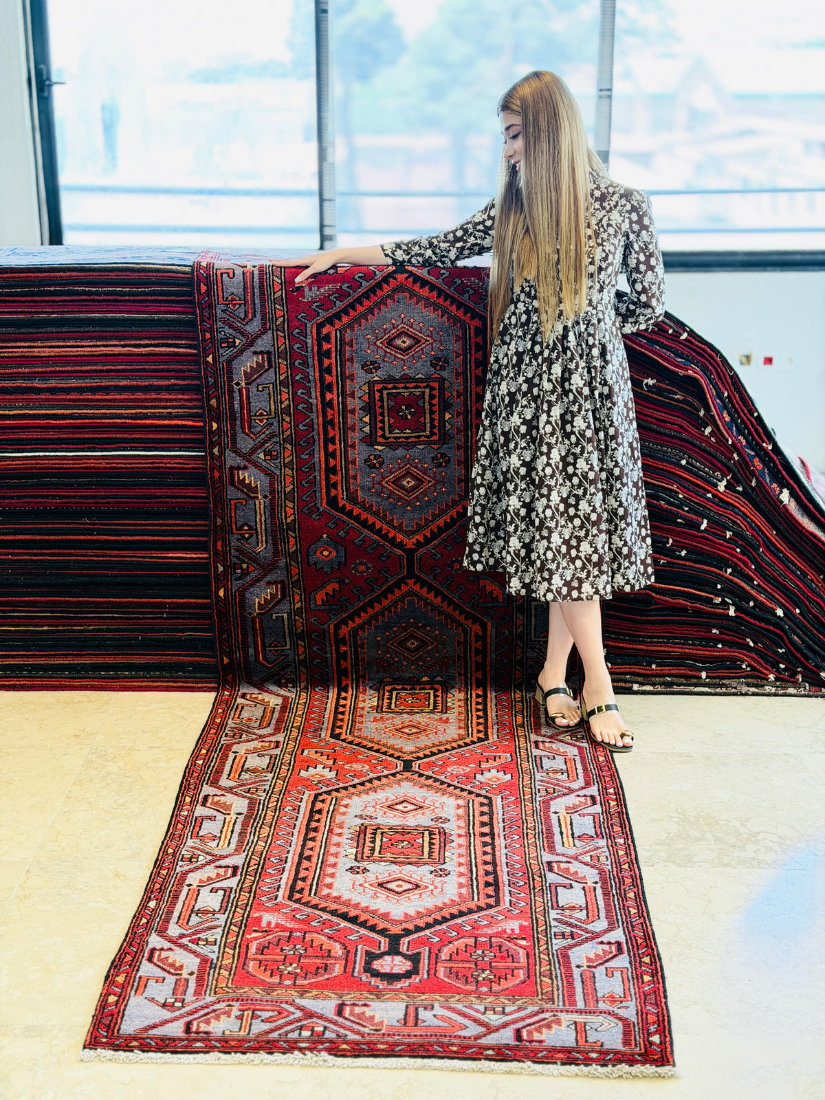 Vintage Geometric Medallion Runner Rug, Red & Blue – 10' 5" x 3' 6" (318 x 107 cm)