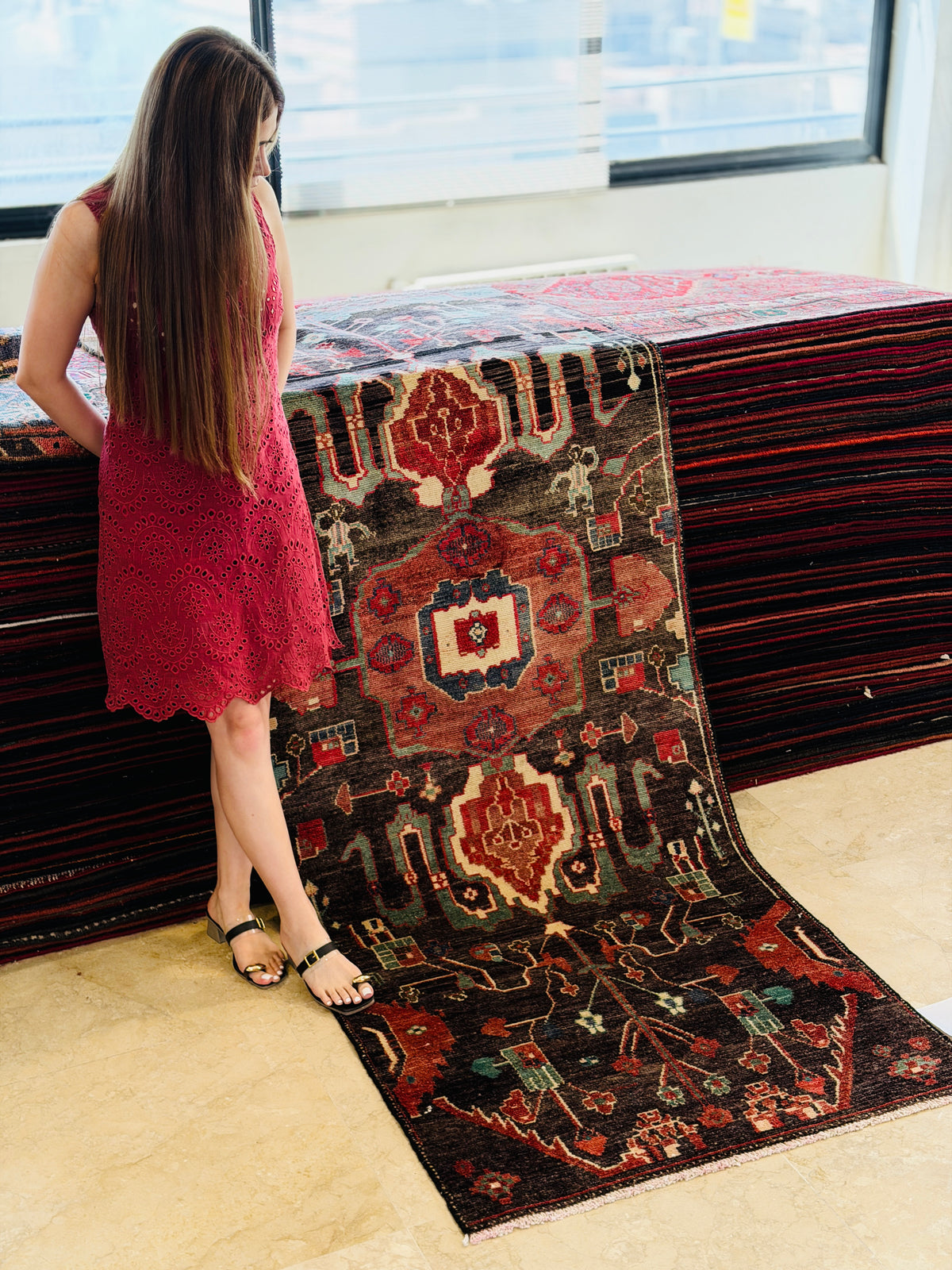 Vintage Tribal Geometric Medallion Runner Rug, Faded Navy Blue & Red – 8' 4" x 3' 2" (254 x 97 cm)