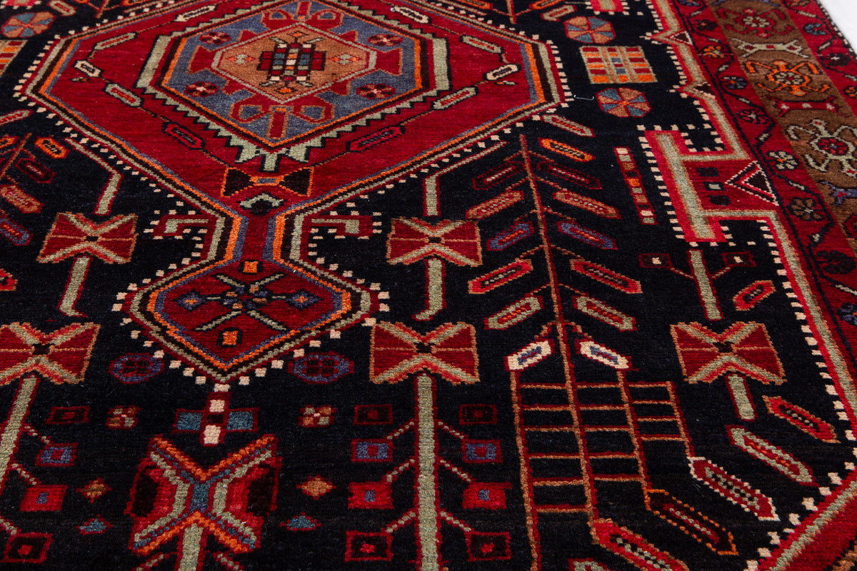 Vintage Deep Navy Blue & Red Geometric Medallion Wool Rug – 8' 11" x 4' 9" (272 x 145 cm)