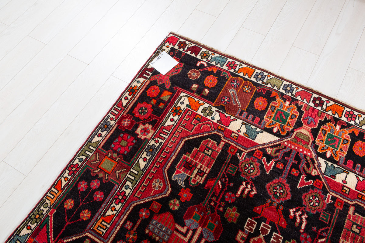 Collectible Vintage Intense Deep Navy Blue & Red Geometric Medallion Wool Rug – 10' 10" x 5' 4" (330 x 163 cm)