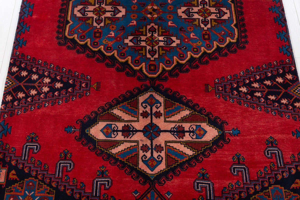 Vintage Red & Blue Geometric Medallion Wool Rug – 5' 0" x 5' 4" (152 x 162 cm)