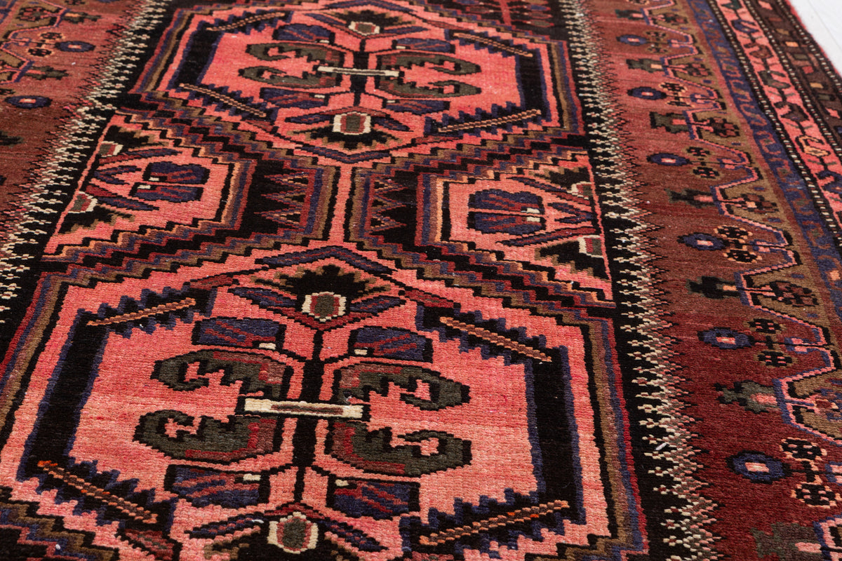 Vintage Geometric Medallion Runner Rug, Rust Red & Pink – 10' 9" x 3' 9" (327 x 114 cm)