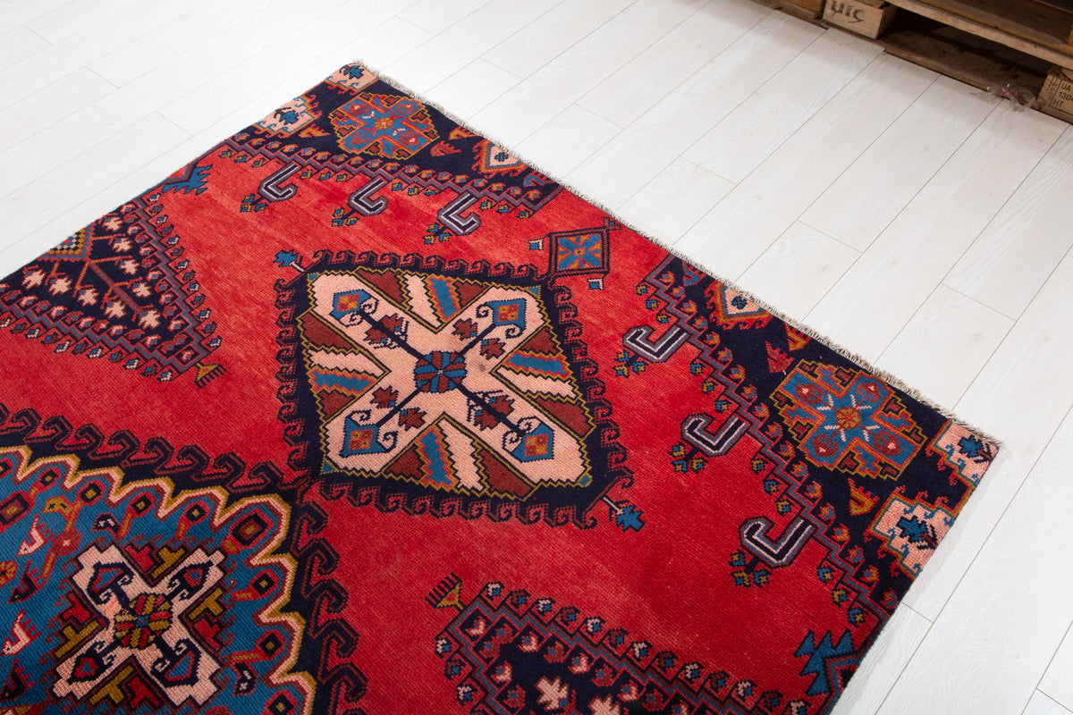 Vintage Red & Blue Geometric Medallion Wool Rug – 5' 0" x 5' 4" (152 x 162 cm)