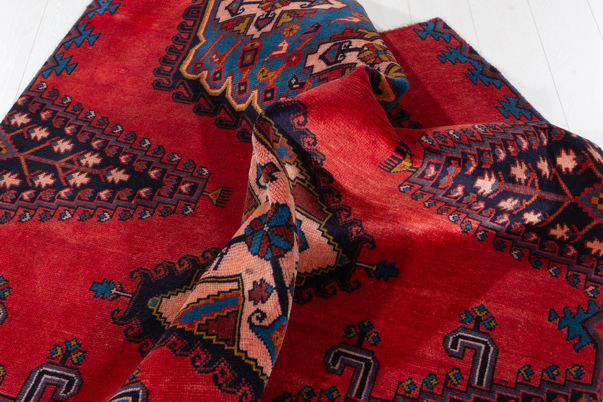 Vintage Red & Blue Geometric Medallion Wool Rug – 5' 0" x 5' 4" (152 x 162 cm)