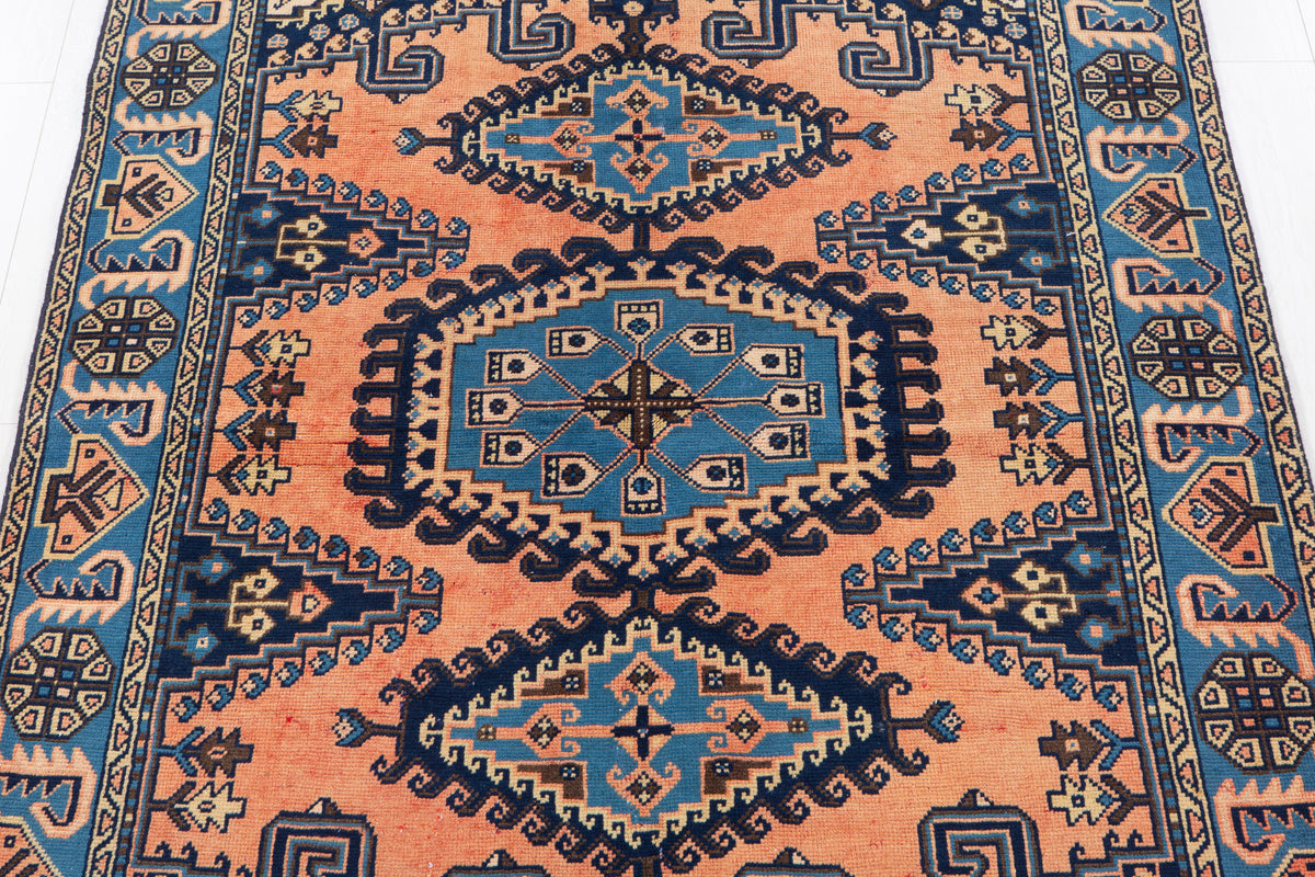 Rare Collectible Vintage Copper Orange & Blue Geometric Medallion Wool Rug – 6' 9" x 5' 1" (206 x 154 cm)