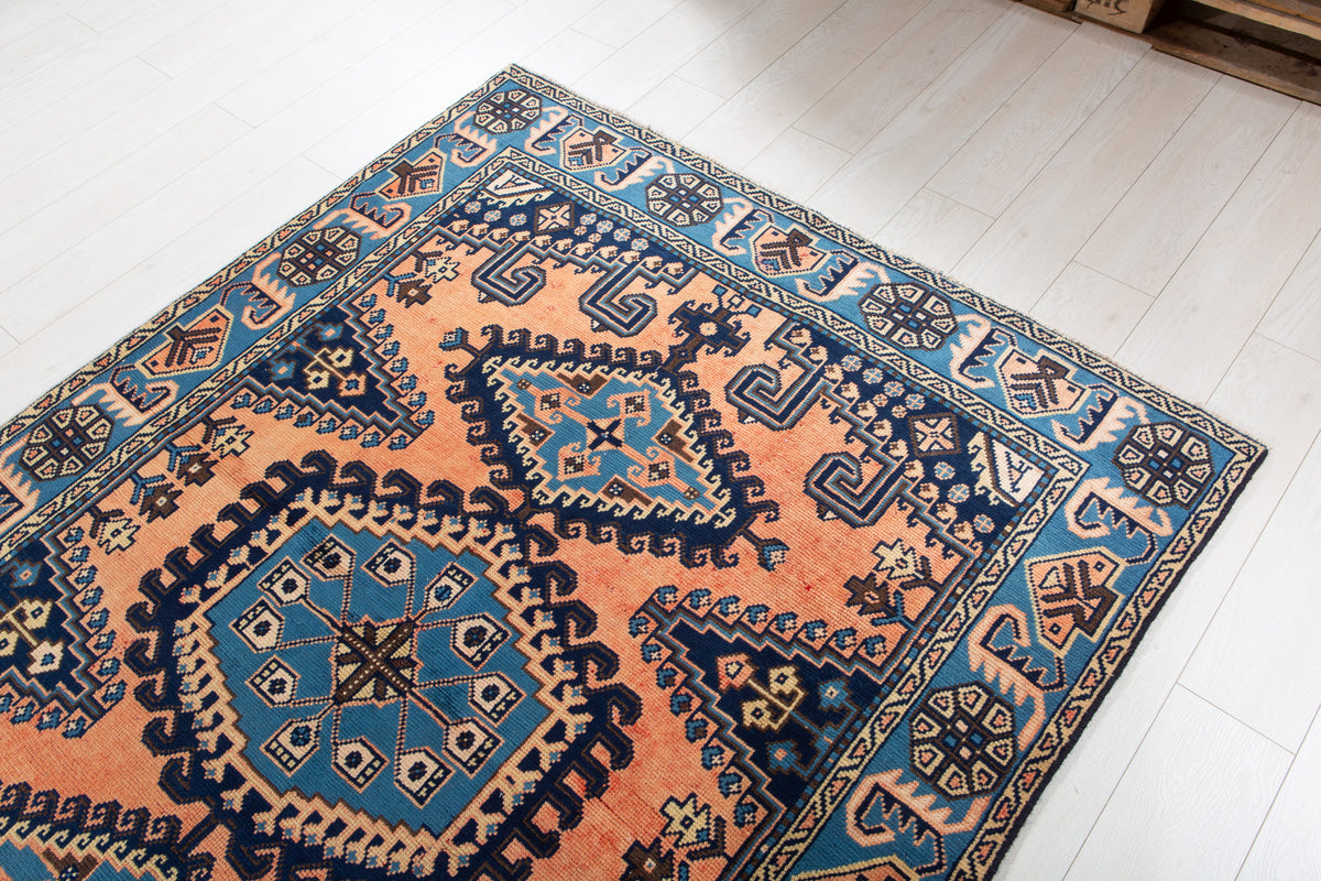 Rare Collectible Vintage Copper Orange & Blue Geometric Medallion Wool Rug – 6' 9" x 5' 1" (206 x 154 cm)