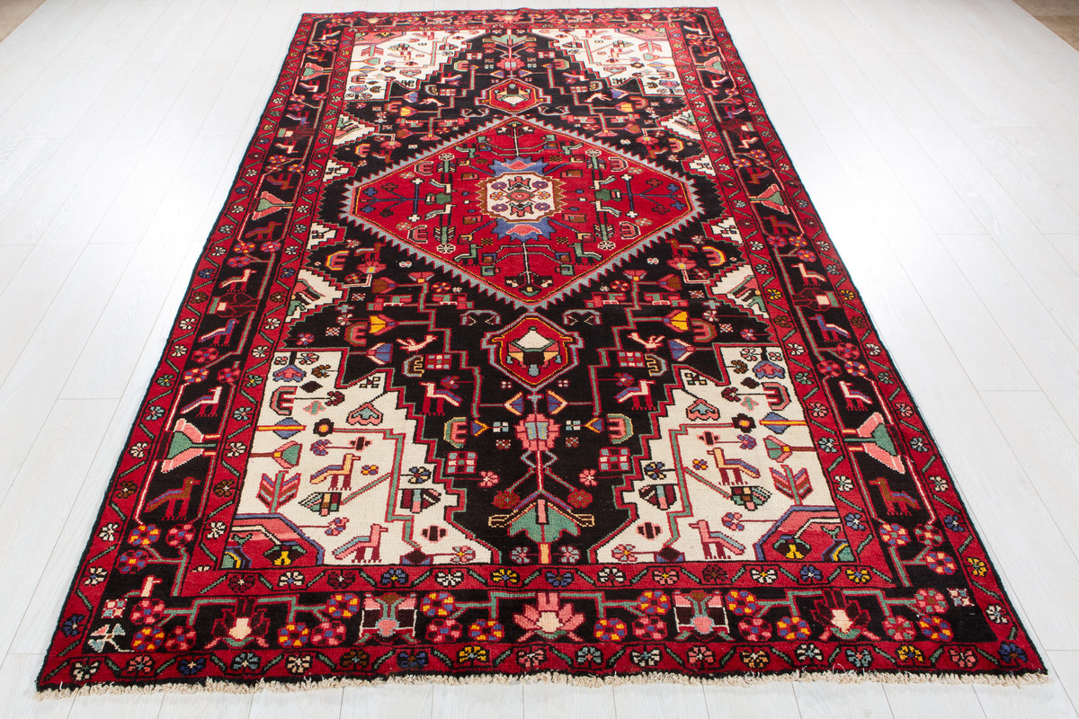Vintage Deep Navy Blue & Red Geometric Medallion Wool Rug – 9' 7" x 5' 7" (293 x 169 cm)