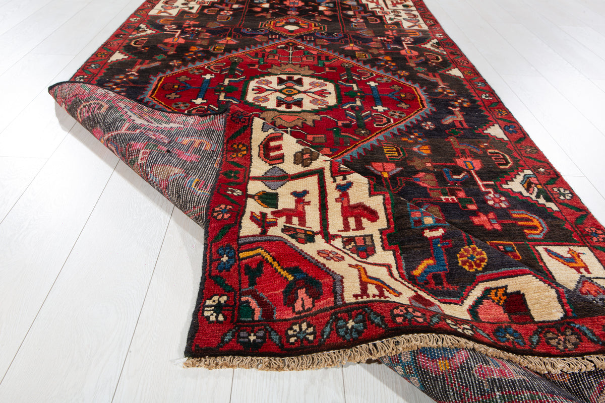 Antique Deep Navy Blue & Black Geometric Medallion Wool Rug – 8' 9" x 3' 11" (266 x 120 cm)