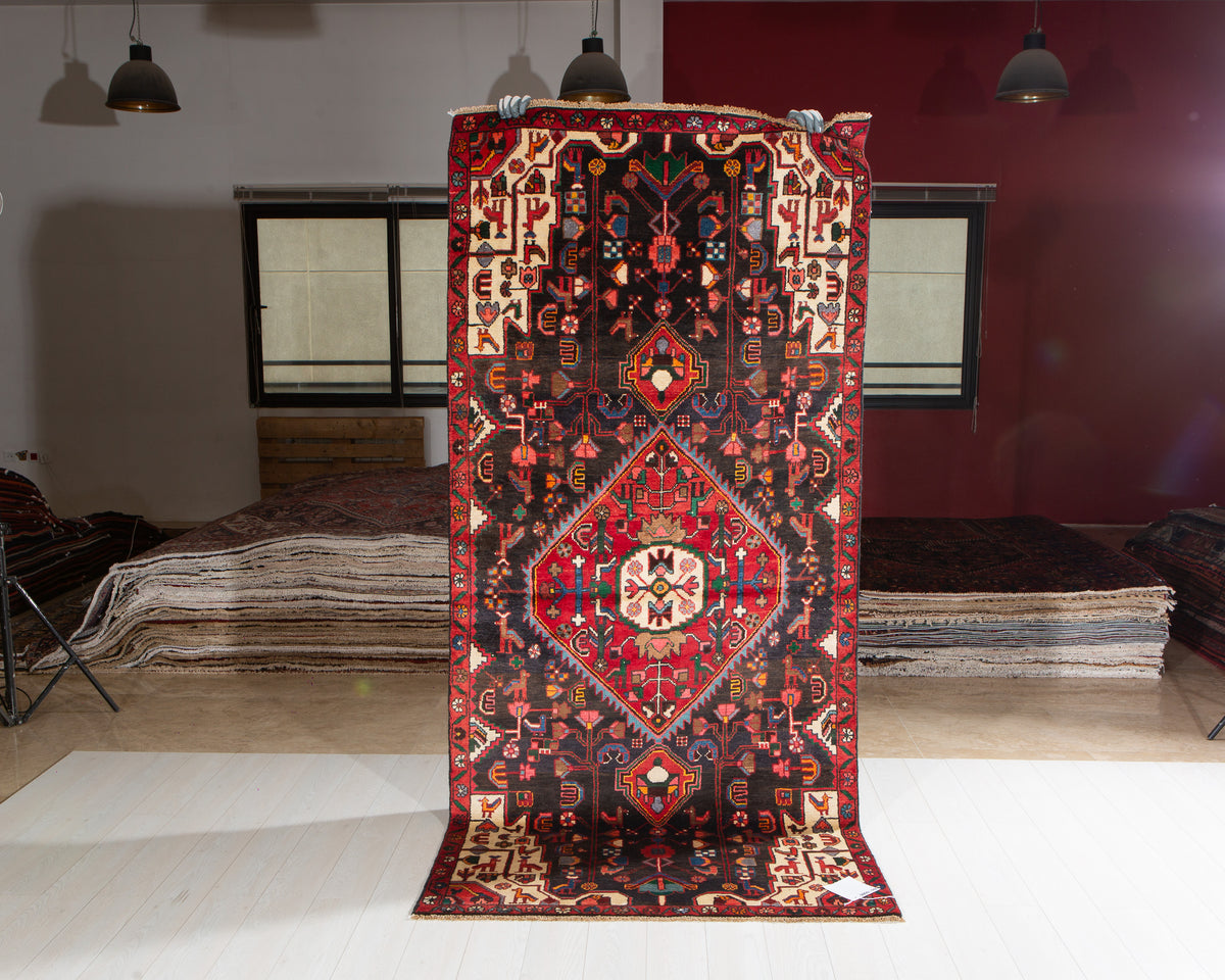Antique Deep Navy Blue & Black Geometric Medallion Wool Rug – 8' 9" x 3' 11" (266 x 120 cm)
