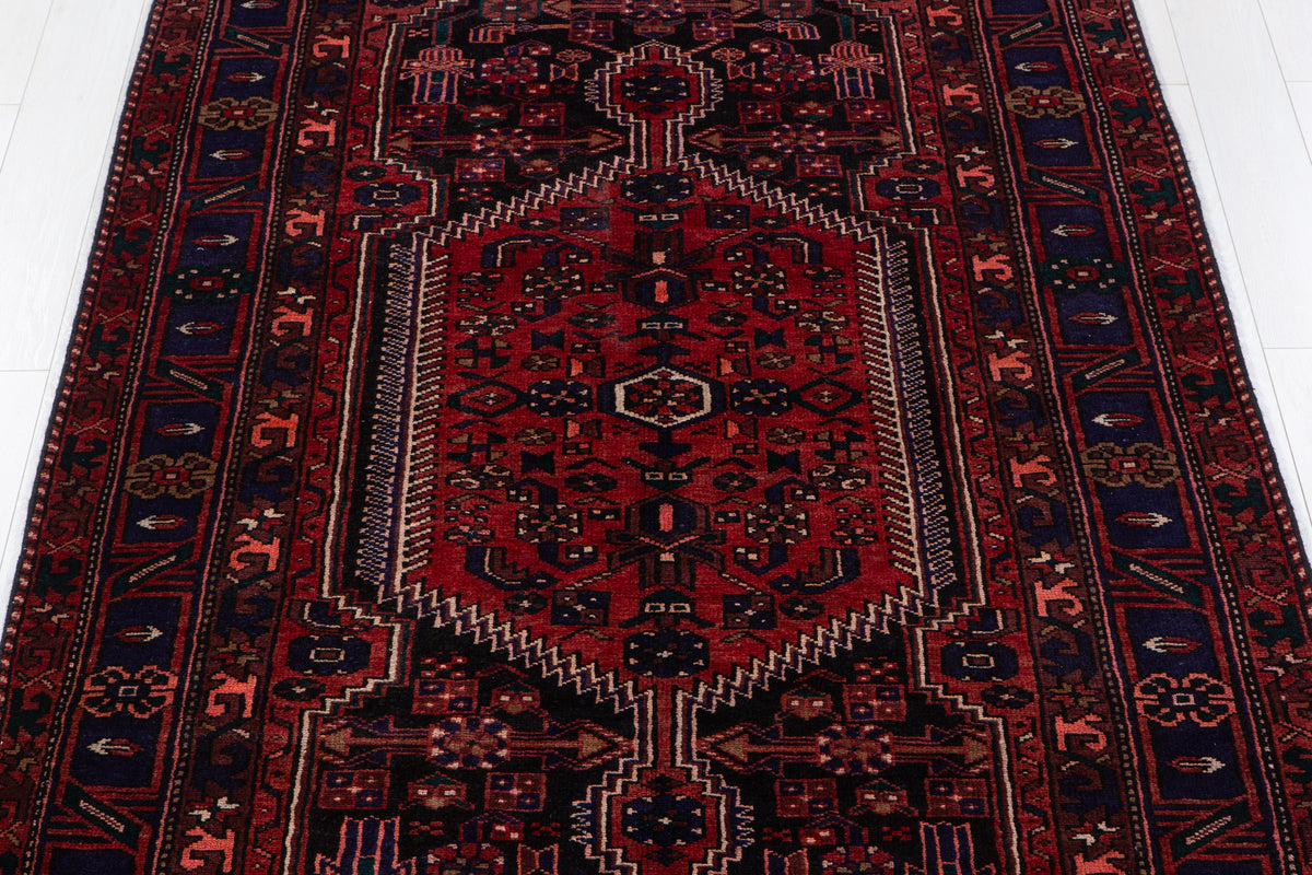 Vintage Black & Red Geometric Allover Wool Rug – 10' 2" x 5' 1" (311 x 155 cm)