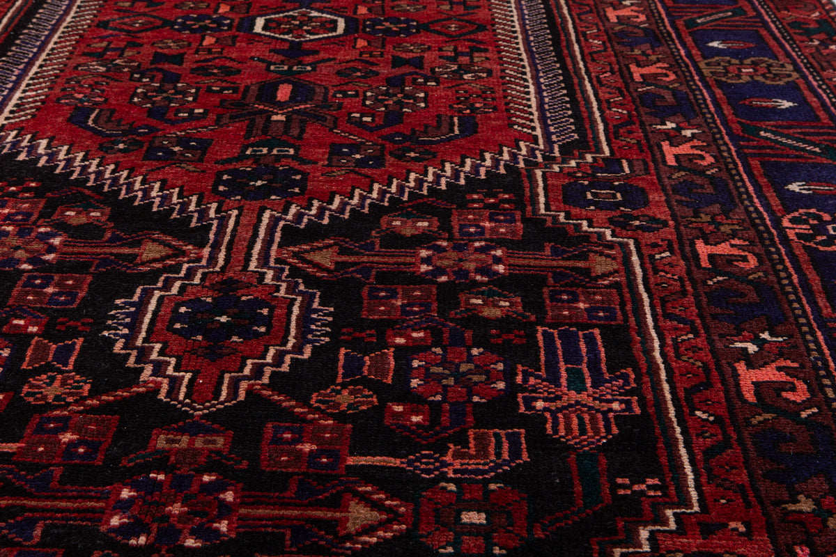 Vintage Black & Red Geometric Allover Wool Rug – 10' 2" x 5' 1" (311 x 155 cm)