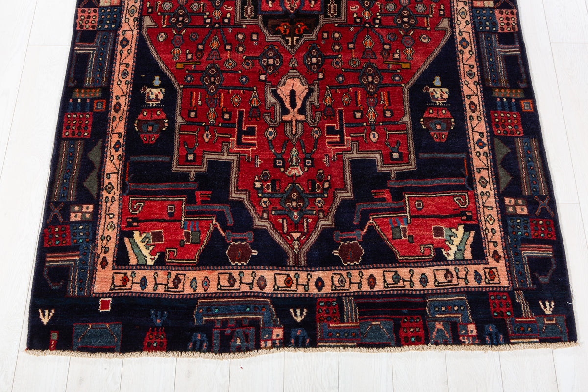 Rare Collectible Vintage Red & Navy Blue Geometric Medallion Wool Rug – 9' 0" x 4' 11" (274 x 151 cm)
