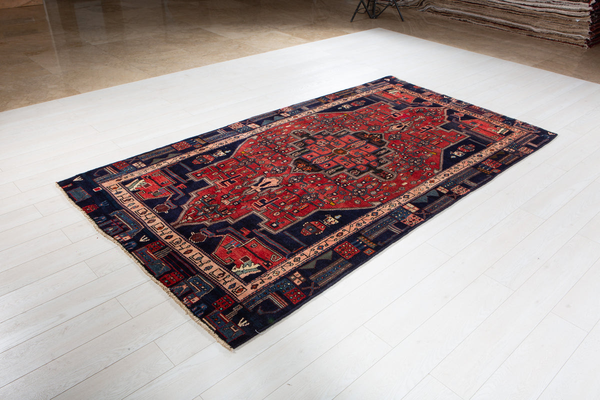Rare Collectible Vintage Red & Navy Blue Geometric Medallion Wool Rug – 9' 0" x 4' 11" (274 x 151 cm)
