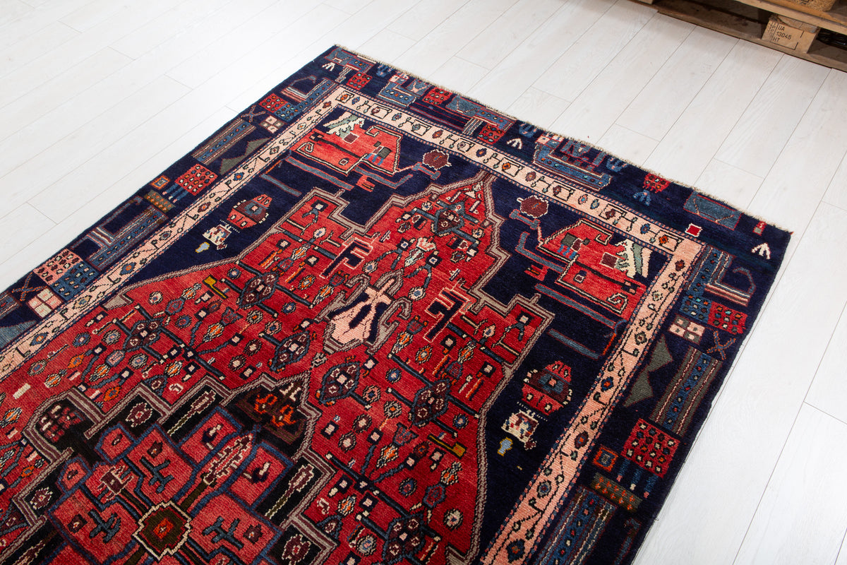 Rare Collectible Vintage Red & Navy Blue Geometric Medallion Wool Rug – 9' 0" x 4' 11" (274 x 151 cm)